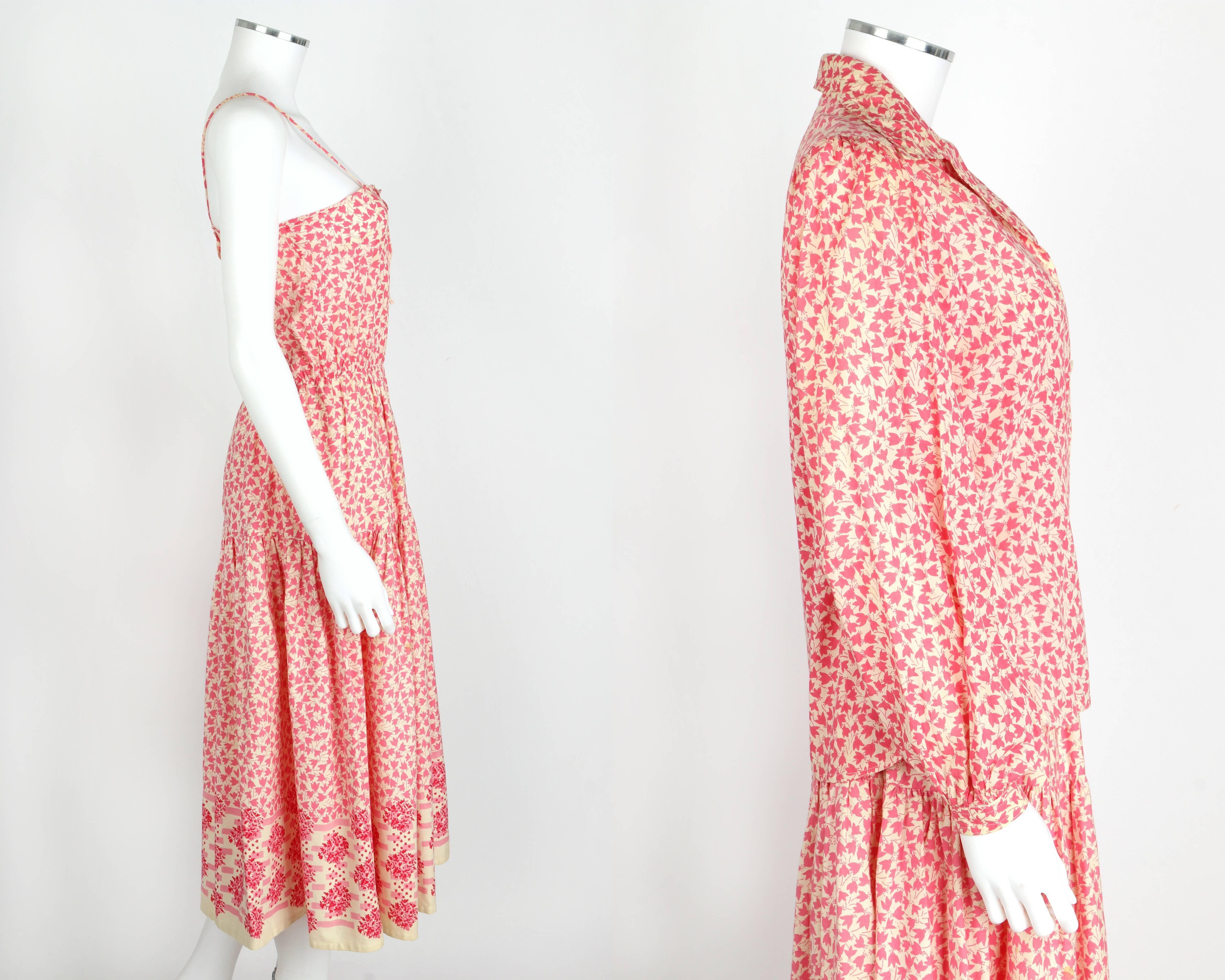 OSCAR de la RENTA 1970s Ivory Pink Floral Cotton Sundress Top Scarf Belt Set 6 1