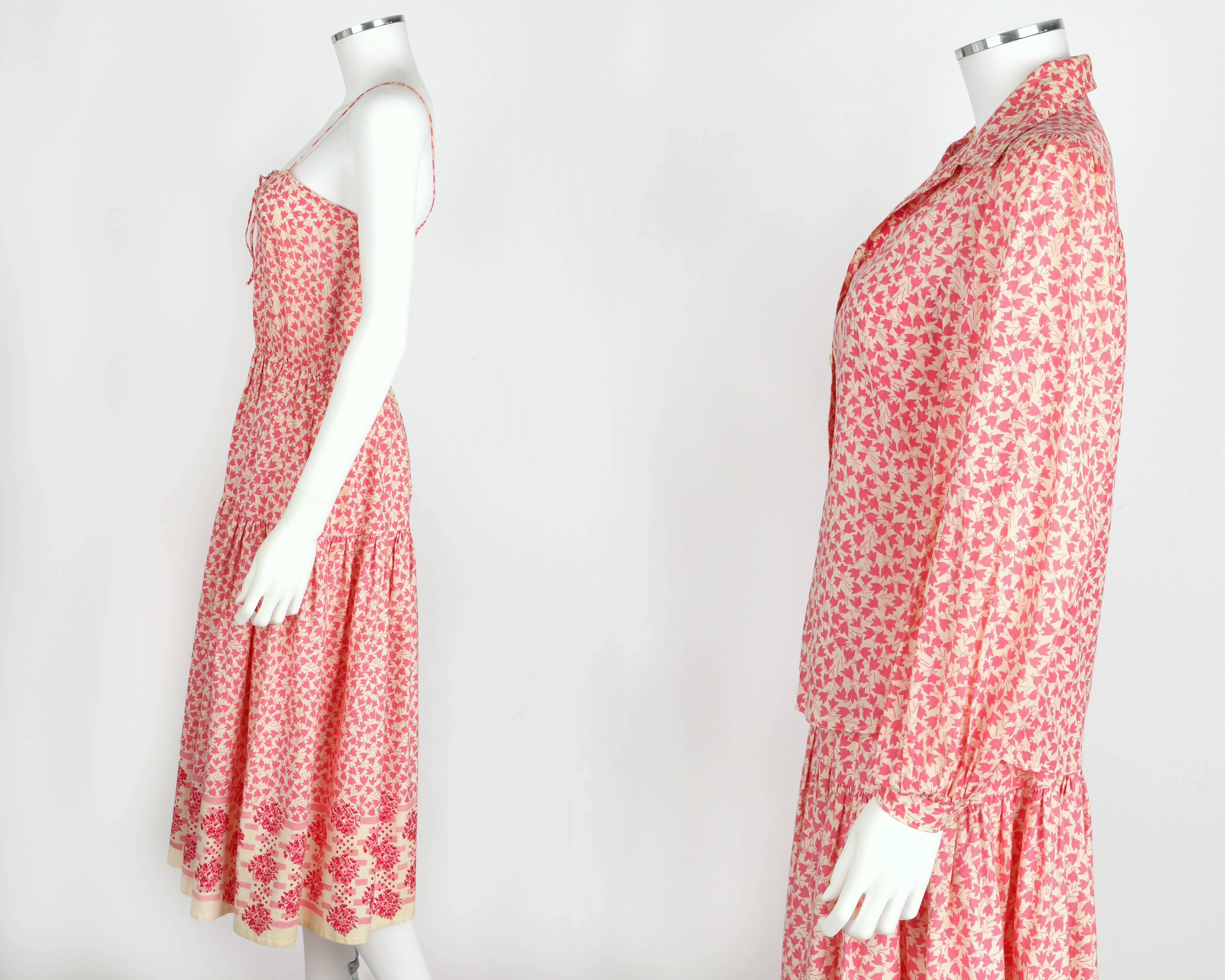 OSCAR de la RENTA 1970s Ivory Pink Floral Cotton Sundress Top Scarf Belt Set 6 3