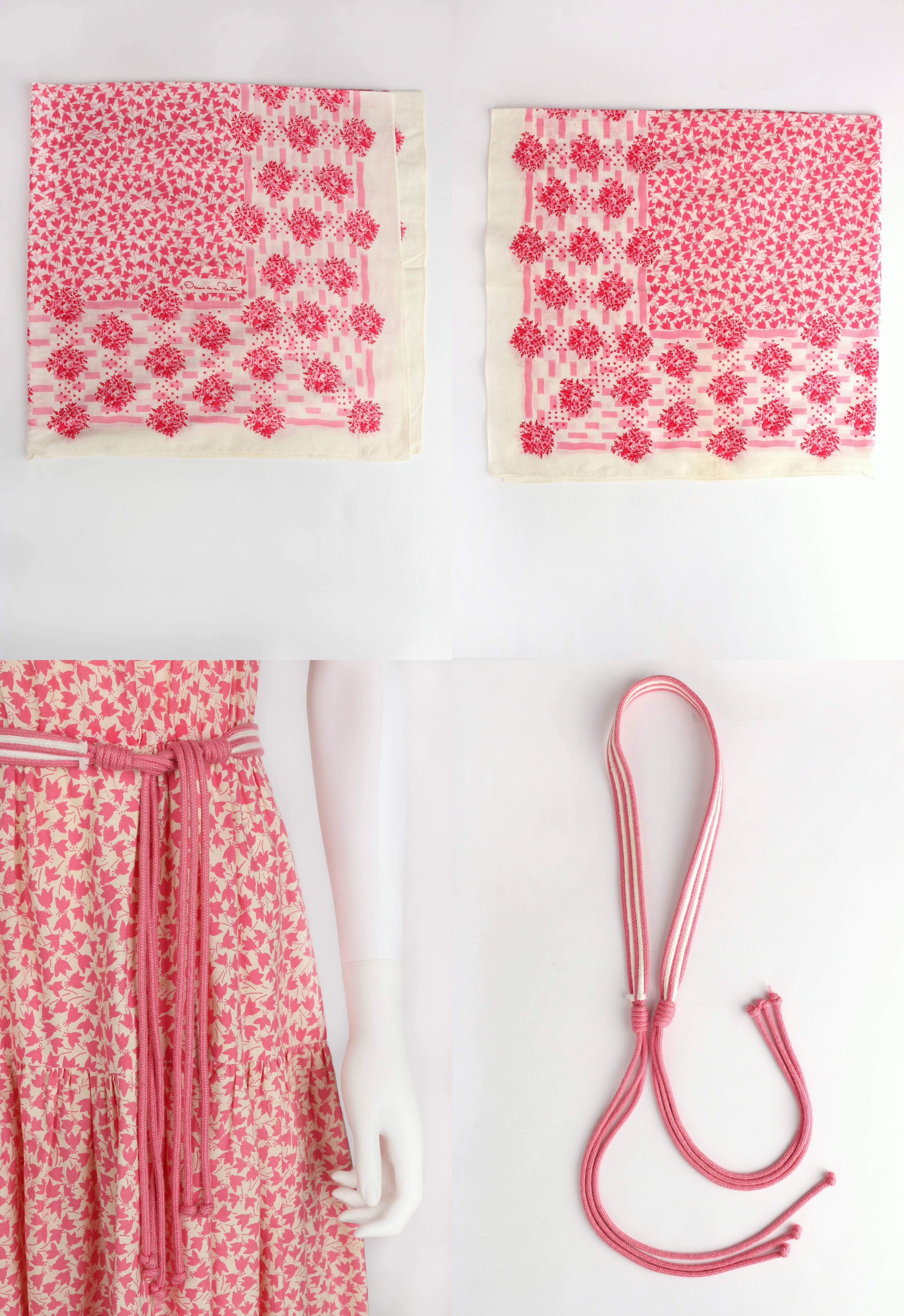 OSCAR de la RENTA 1970s Ivory Pink Floral Cotton Sundress Top Scarf Belt Set 6 7