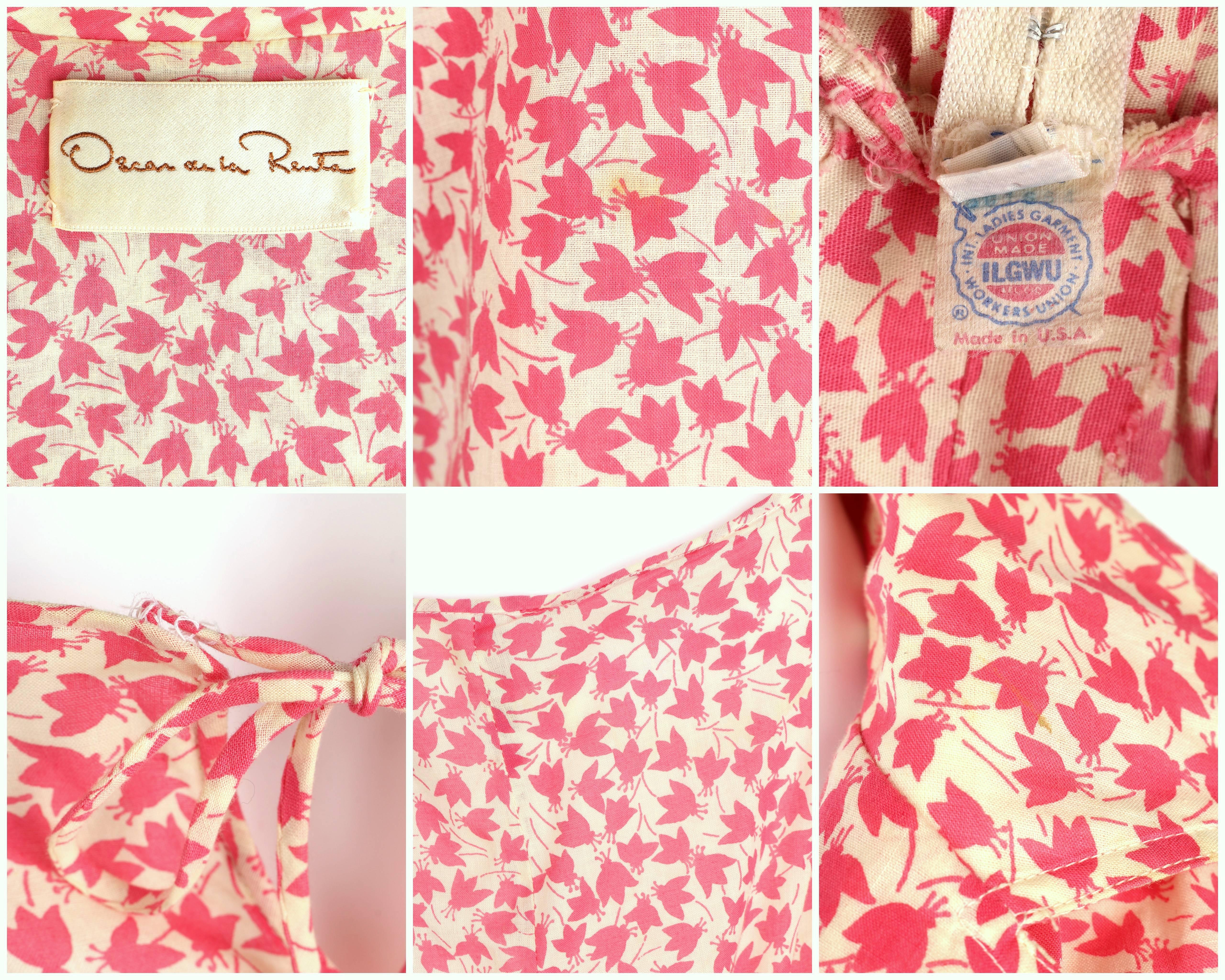 OSCAR de la RENTA 1970s Ivory Pink Floral Cotton Sundress Top Scarf Belt Set 6 8