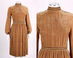 1960s OSCAR DE LA RENTA Velvet Golden Bronze Long Bishop Sleeve Dress Size 14