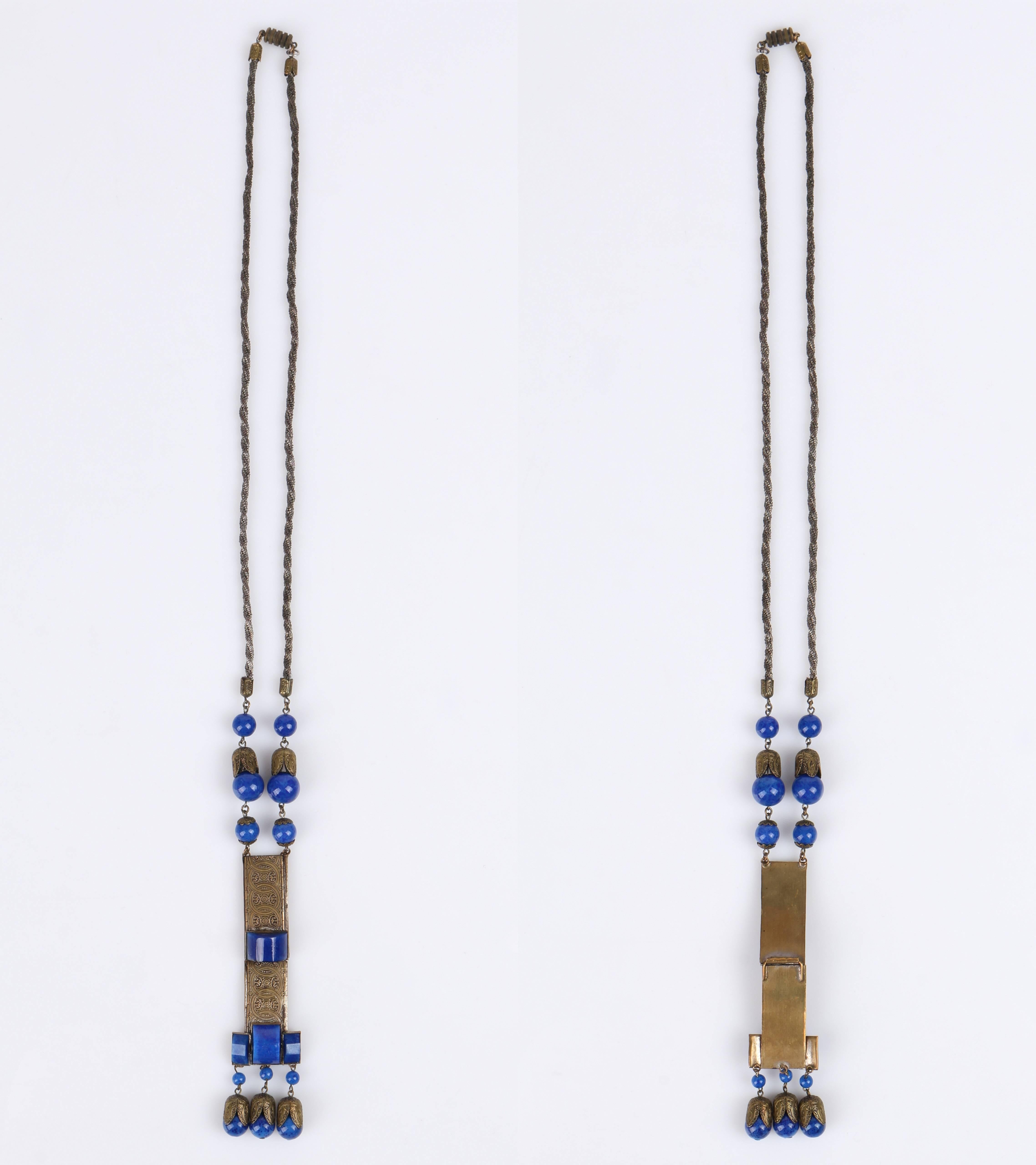 1920s Czech Art Deco Blue Lapis Glass Etched Brass Sautoir Pendant Necklace 3