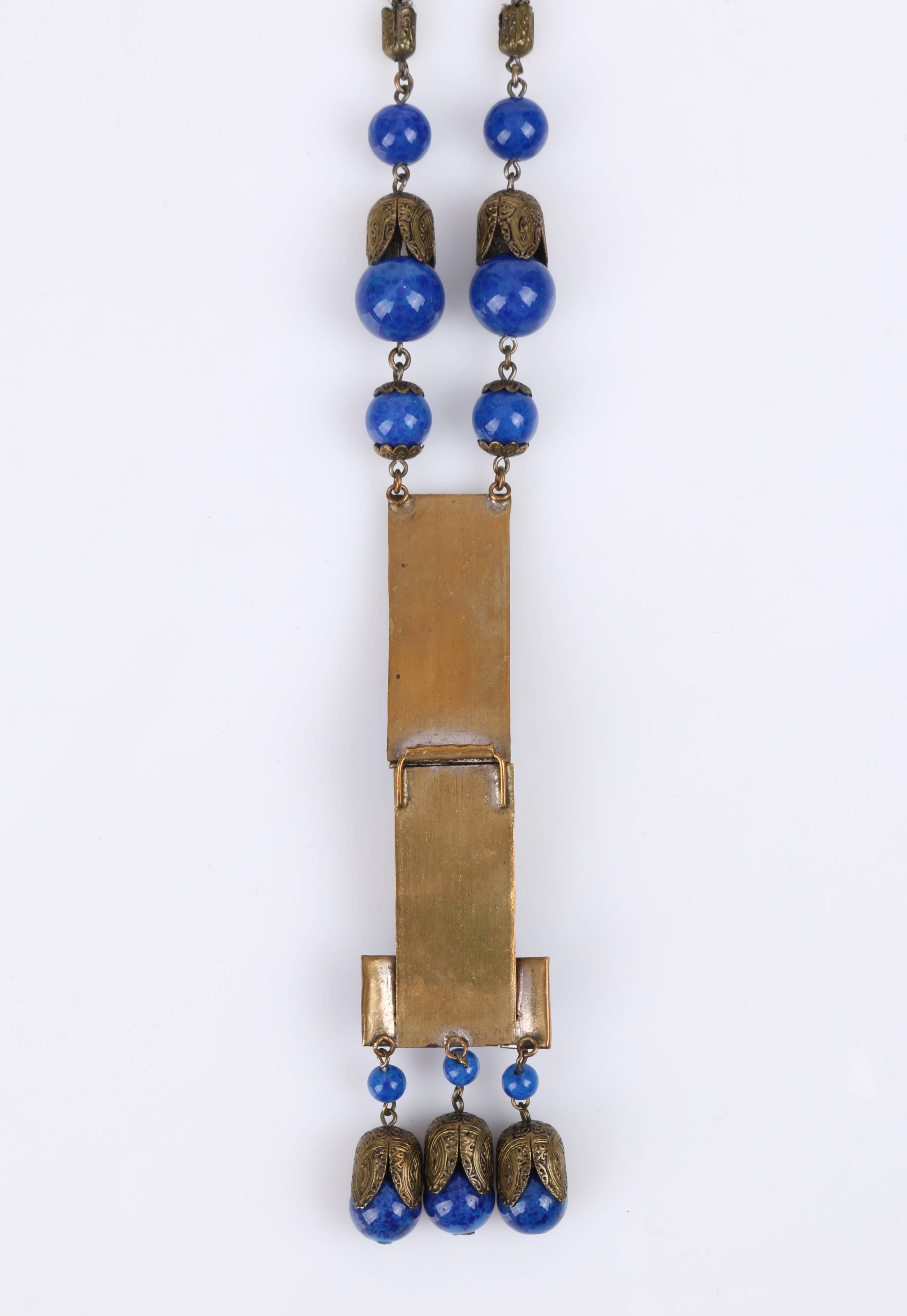 1920s Czech Art Deco Blue Lapis Glass Etched Brass Sautoir Pendant Necklace 5