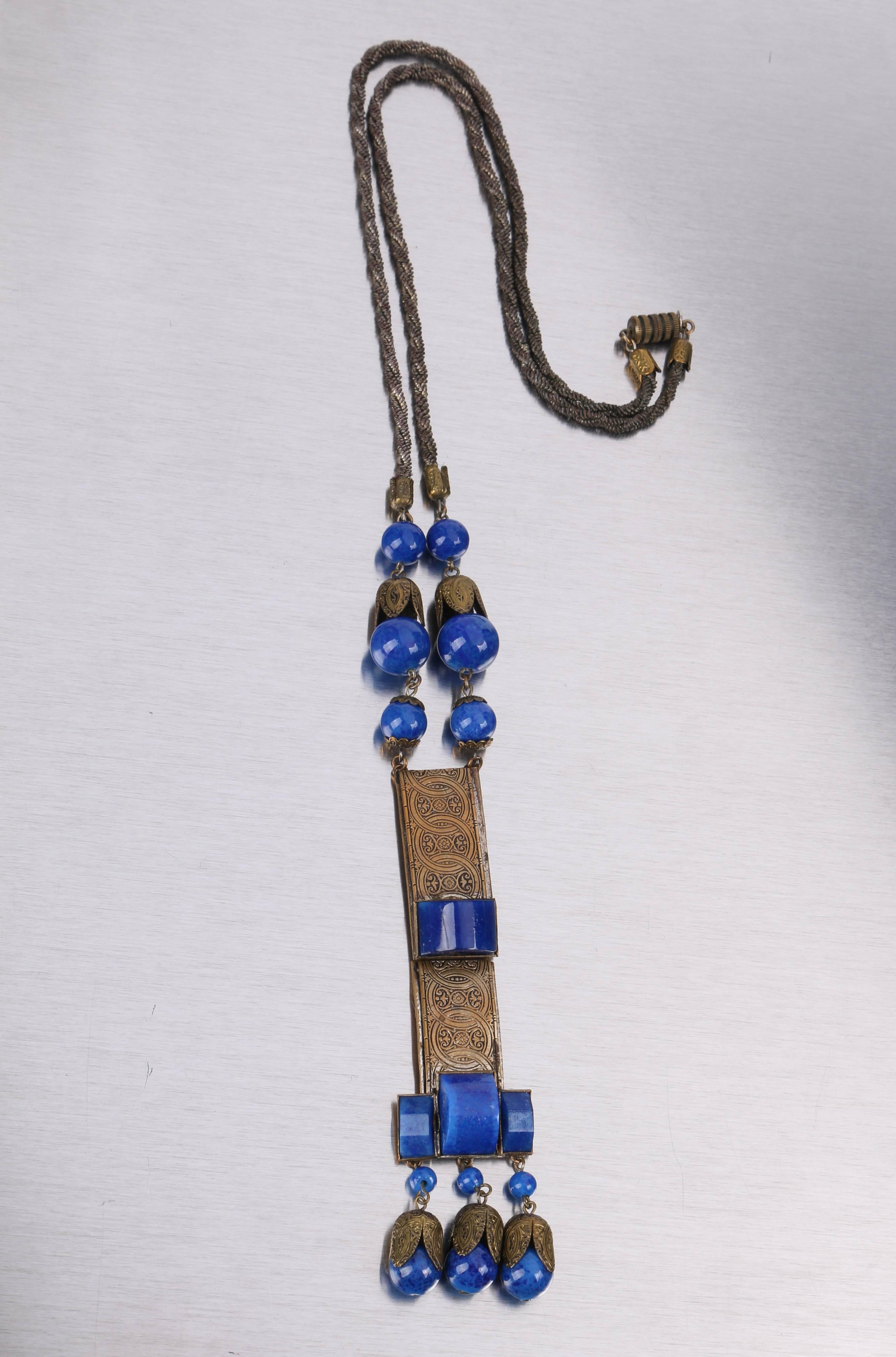 1920s Czech Art Deco Blue Lapis Glass Etched Brass Sautoir Pendant Necklace 1