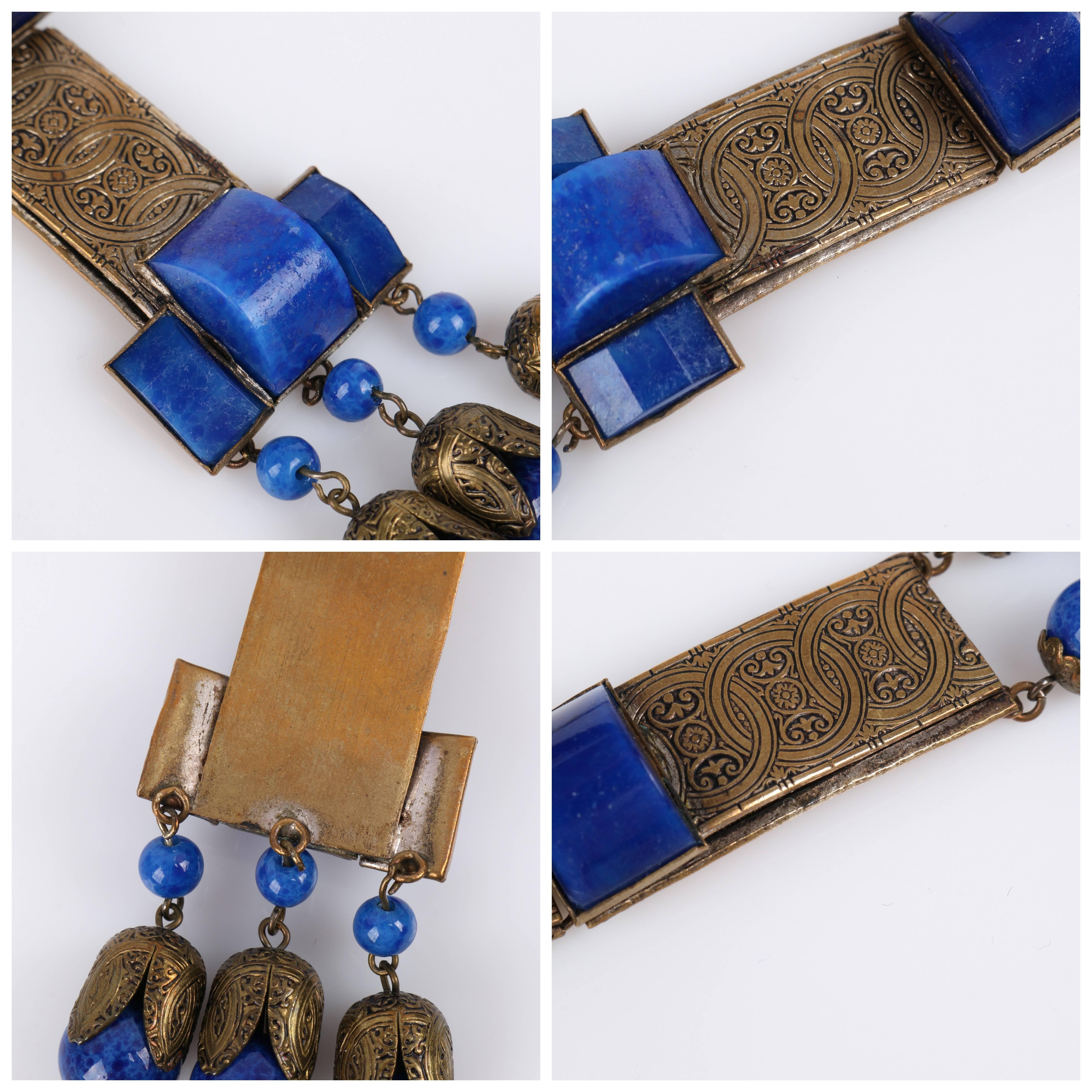 1920s Czech Art Deco Blue Lapis Glass Etched Brass Sautoir Pendant Necklace 7