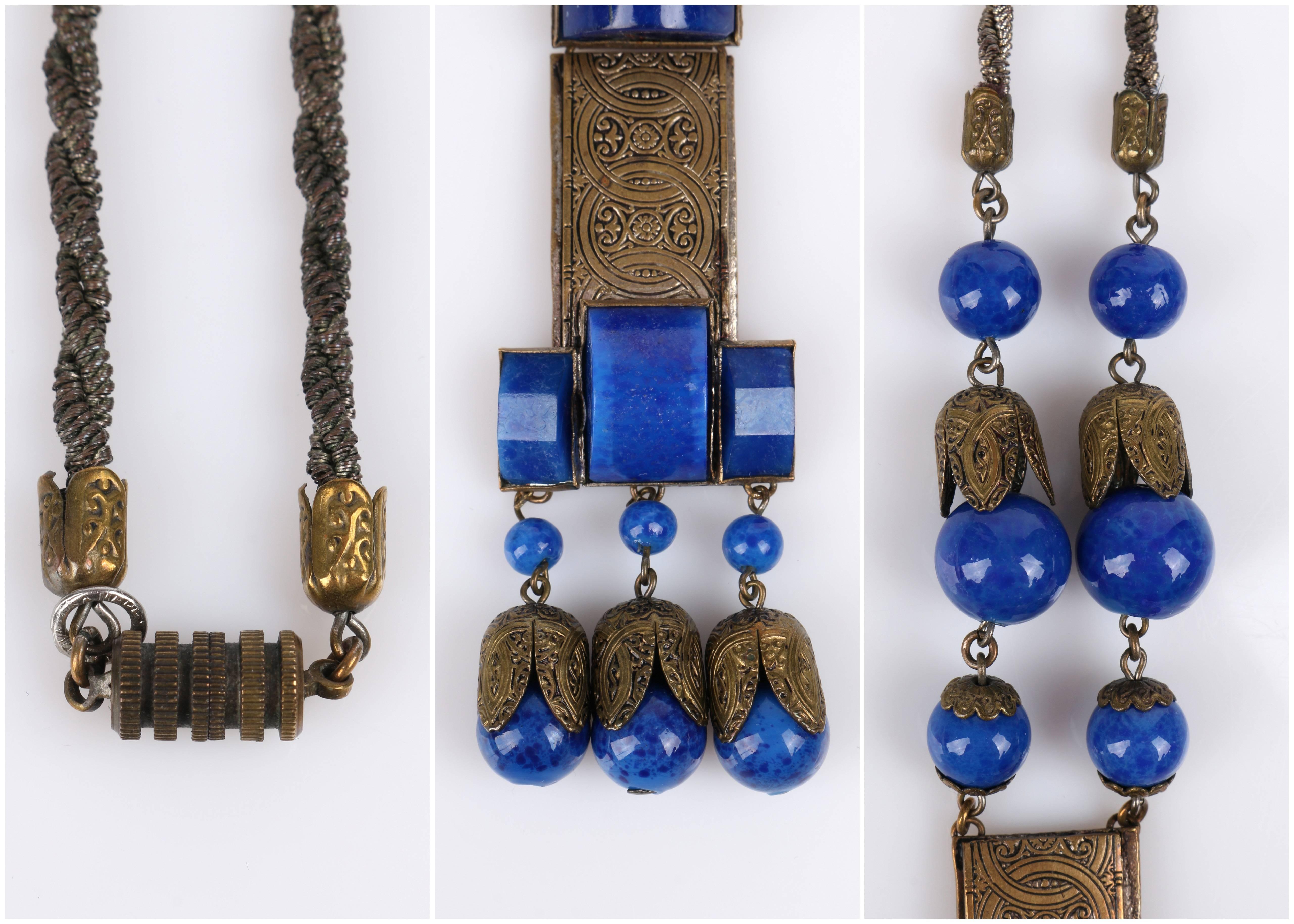 1920s Czech Art Deco Blue Lapis Glass Etched Brass Sautoir Pendant Necklace 6