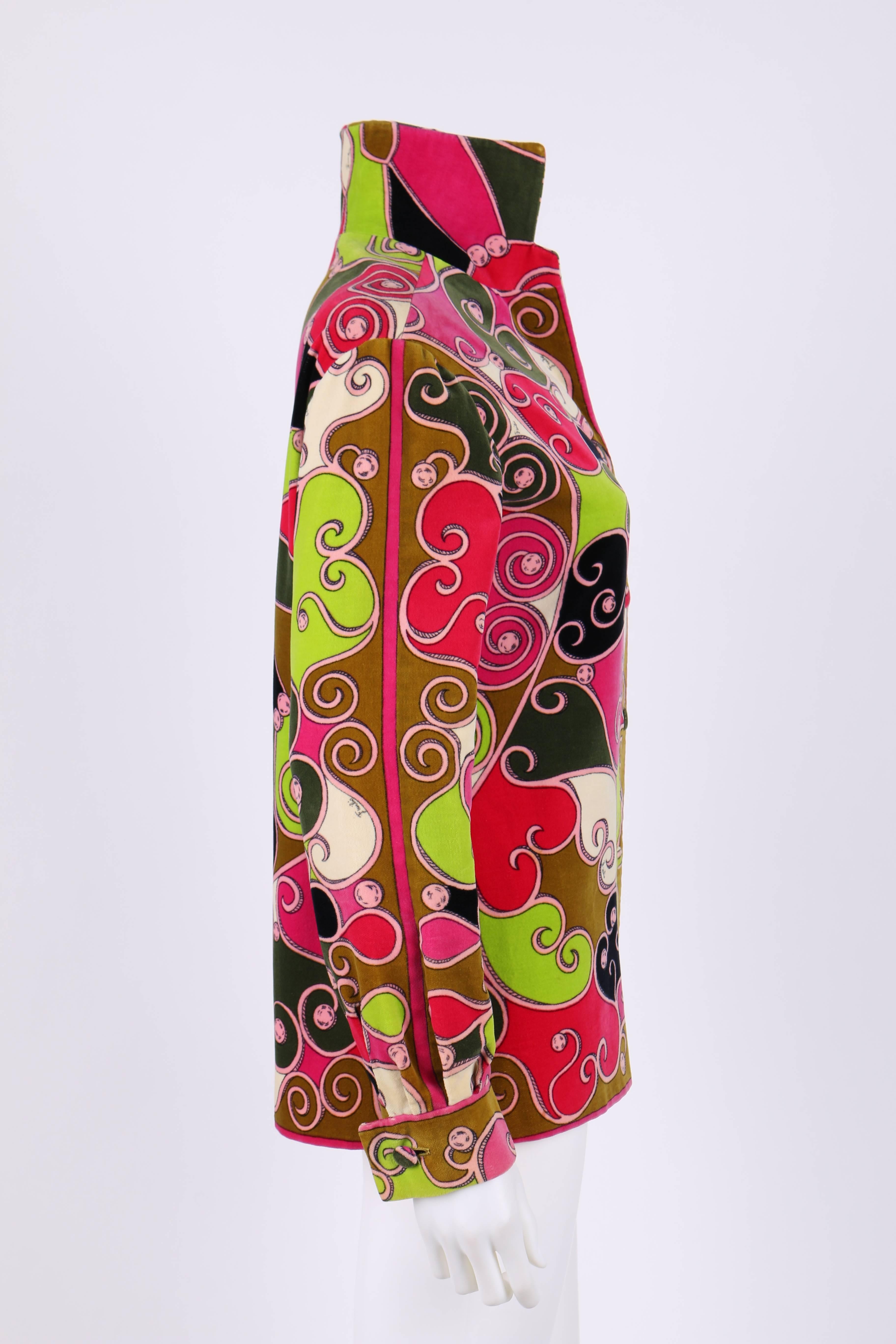 Pink EMILIO PUCCI 1970s Multicolor Scroll Signature Print Velvet Jacket