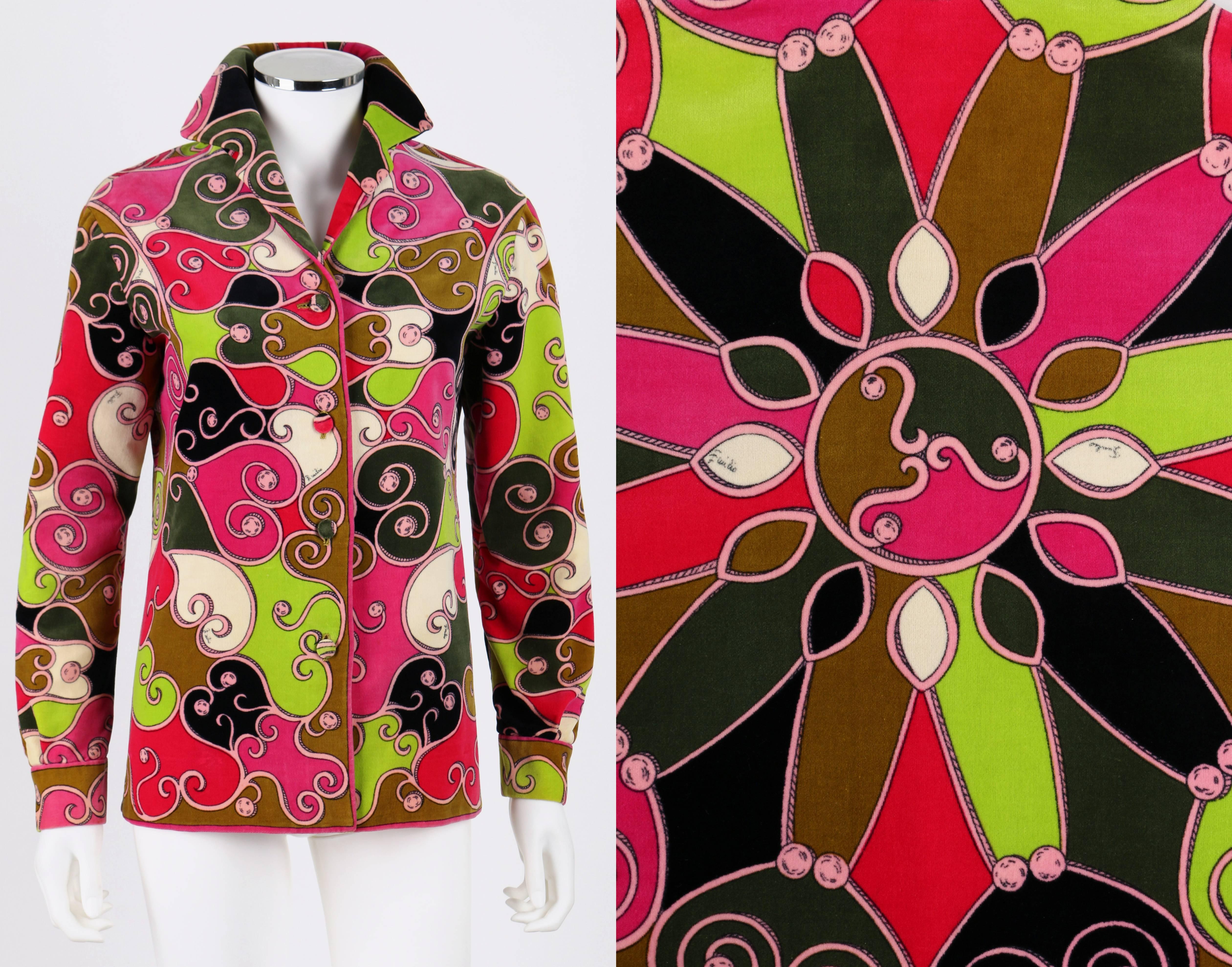 Emilio Pucci c.1970s multicolor velvet cotton button down jacket. All over scroll print motif. Long sleeve. Cuff with button closure. Vents at side seam. Notched lapel collar. Center front 4 button closure. Fully lined. Please note that this item