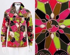 EMILIO PUCCI 1970s Multicolor Scroll Signature Print Velvet Jacket
