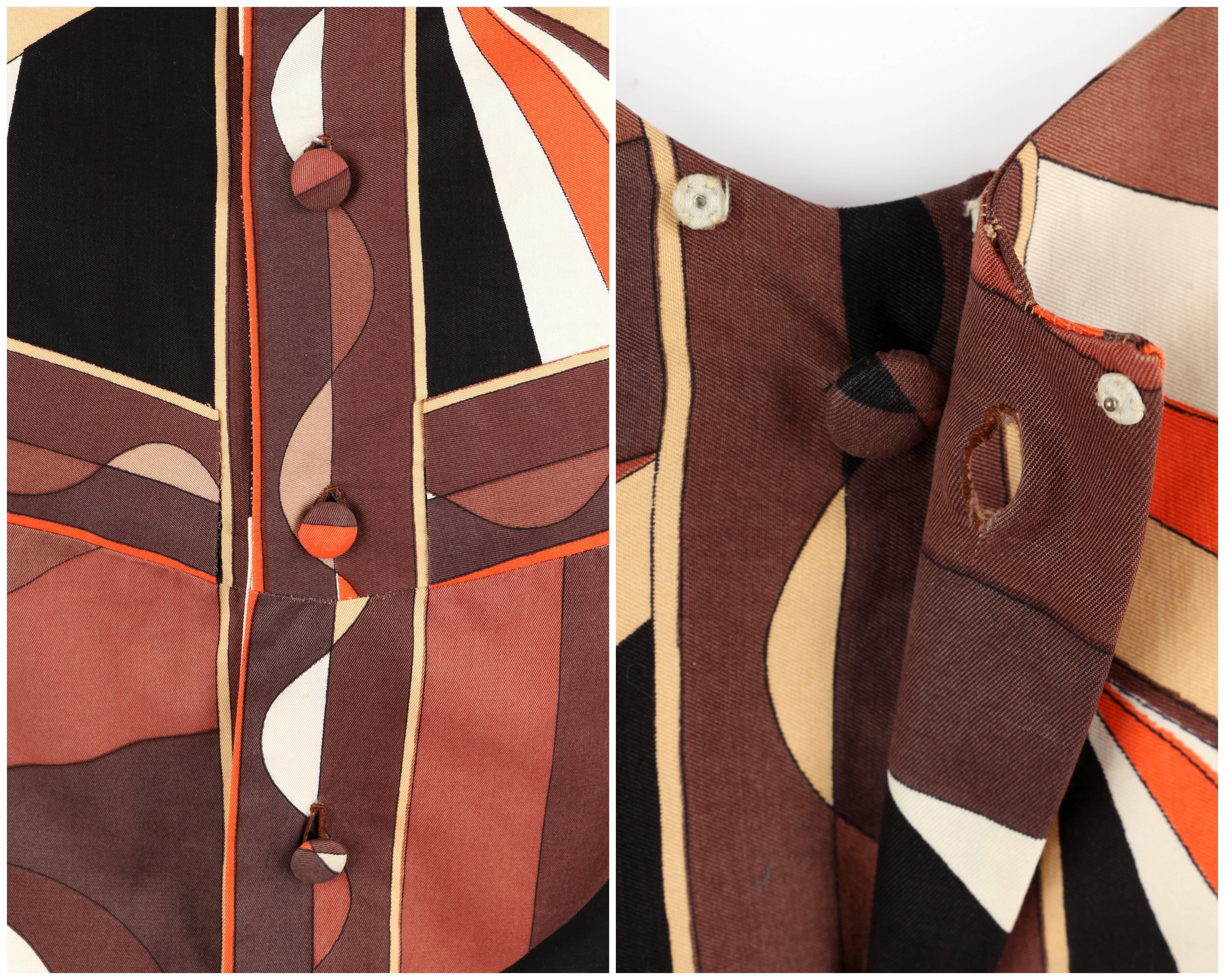 EMILIO PUCCI 1960s Brown Op Art Signature Print Short Sleeve Shift Dress Size 10 For Sale 4