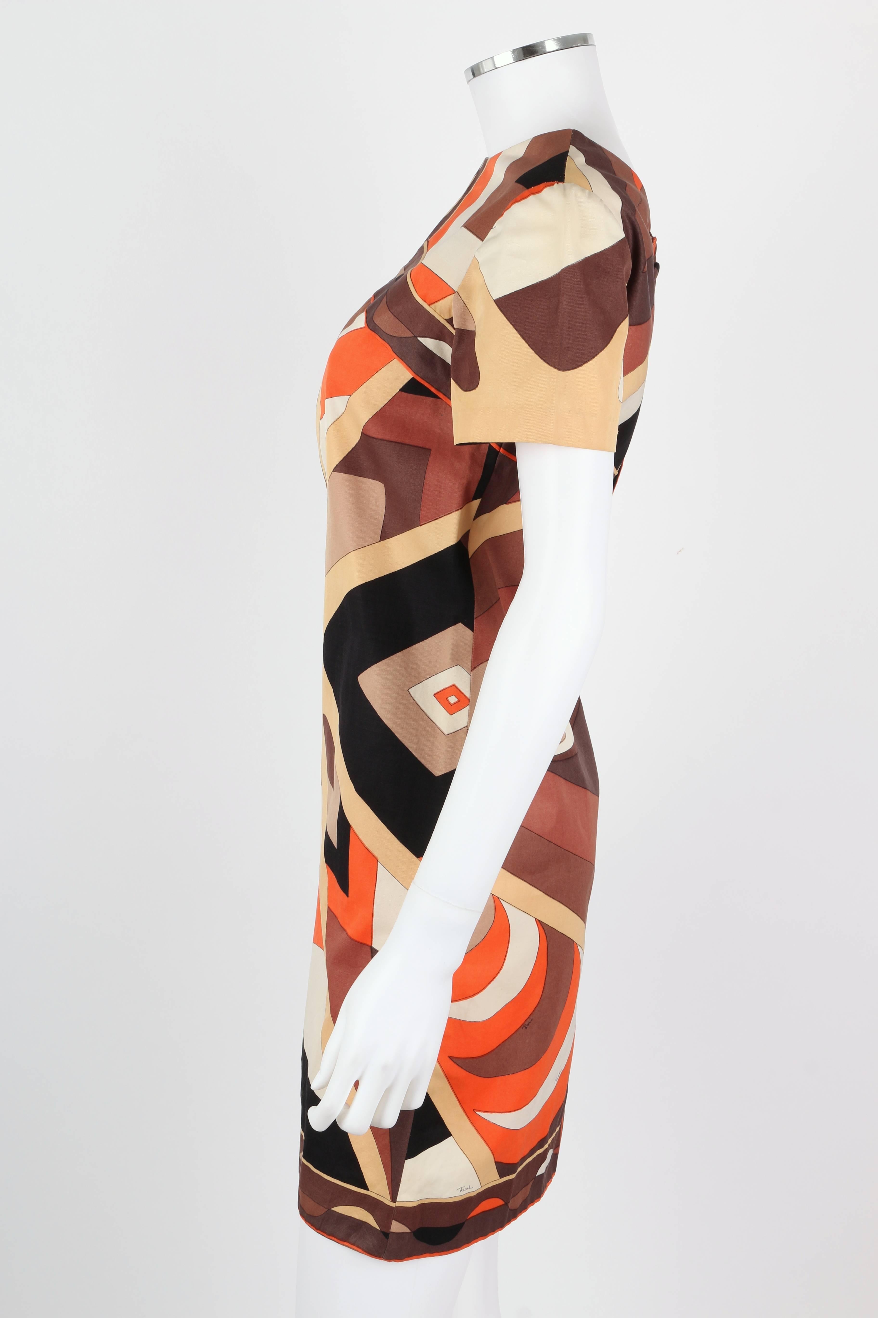 EMILIO PUCCI Robe droite marron à manches courtes imprimé Op Art Signature des années 1960 Taille 10 Pour femmes en vente
