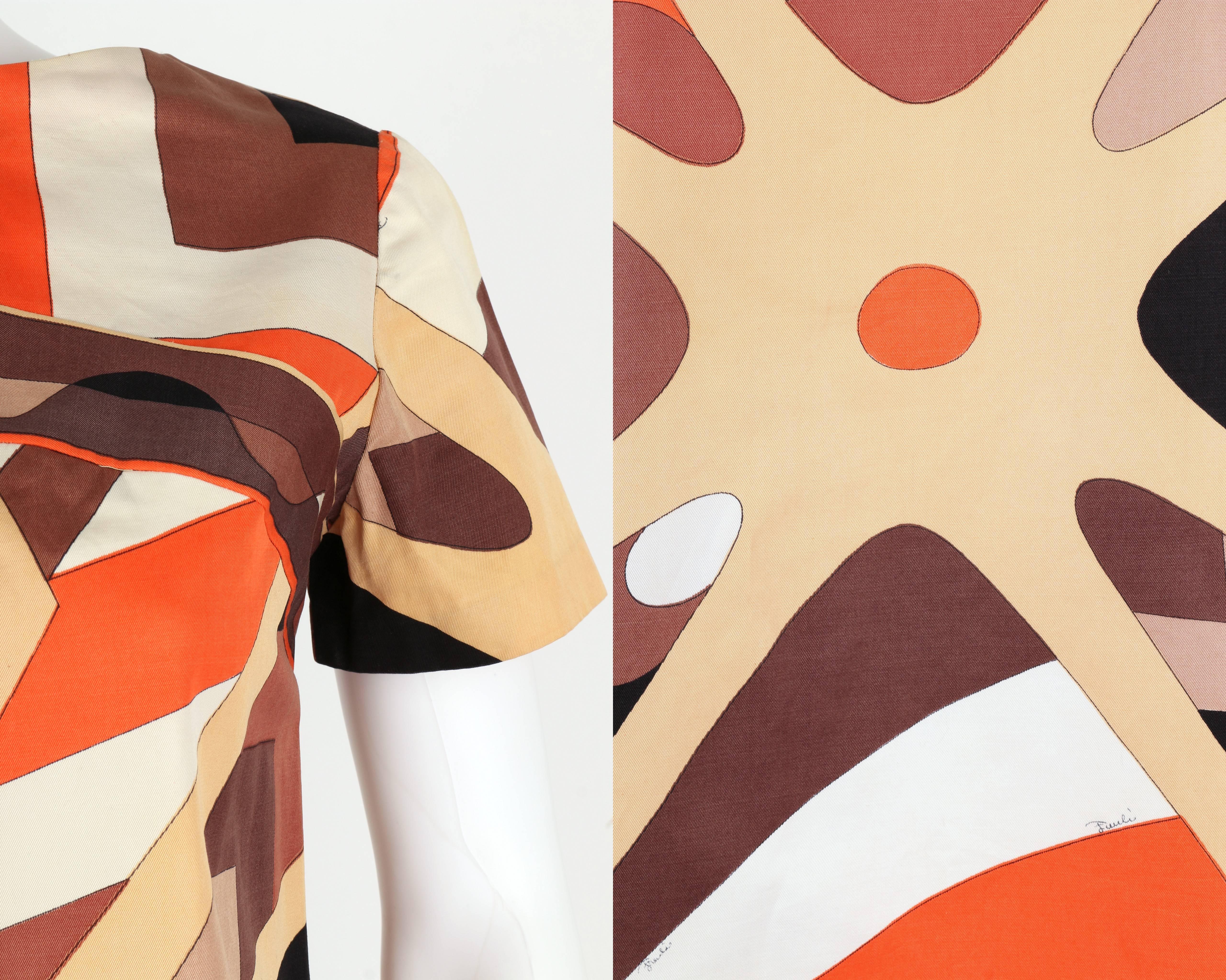 EMILIO PUCCI Robe droite marron à manches courtes imprimé Op Art Signature des années 1960 Taille 10 en vente 3
