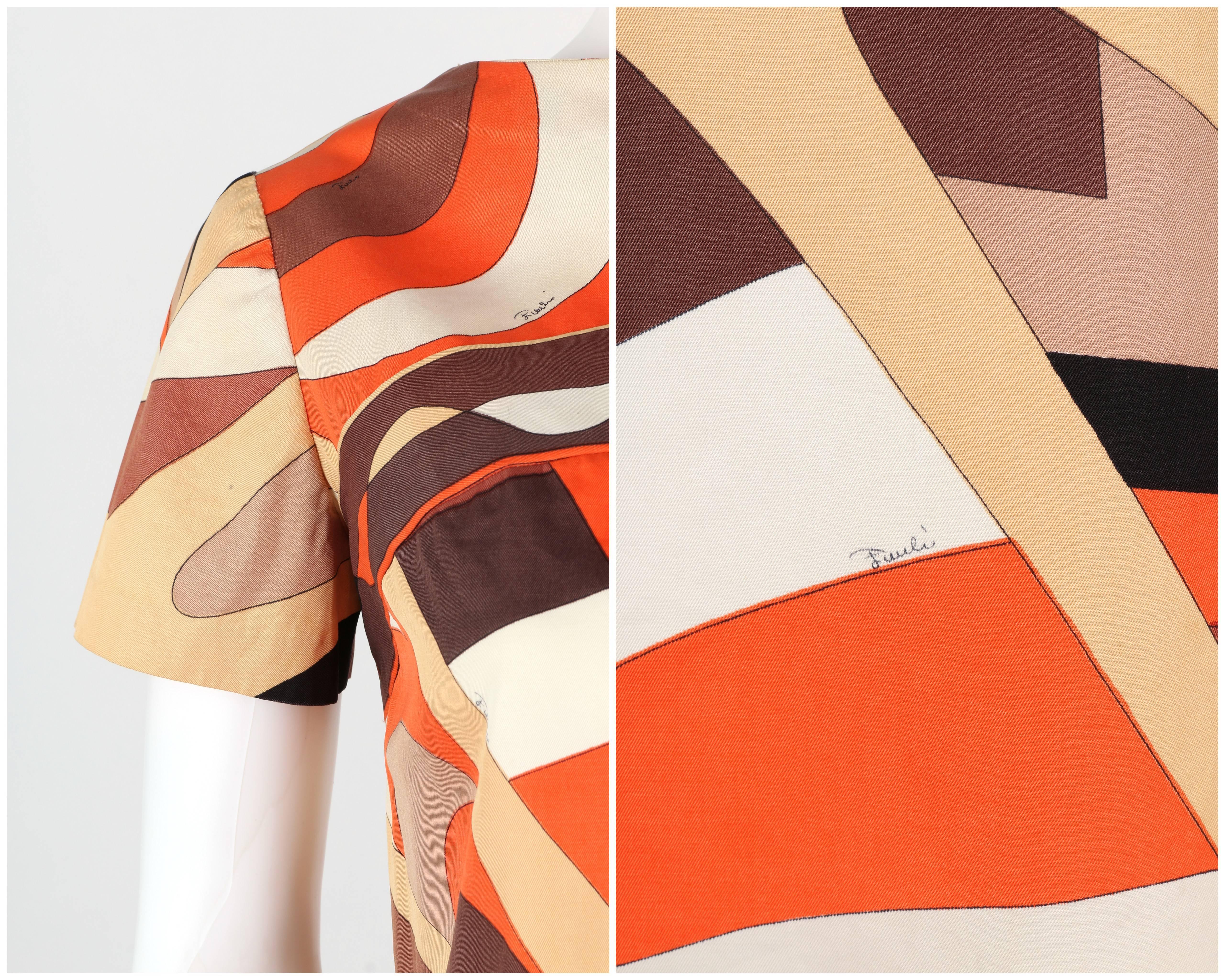 EMILIO PUCCI 1960s Brown Op Art Signature Print Short Sleeve Shift Dress Size 10 For Sale 2