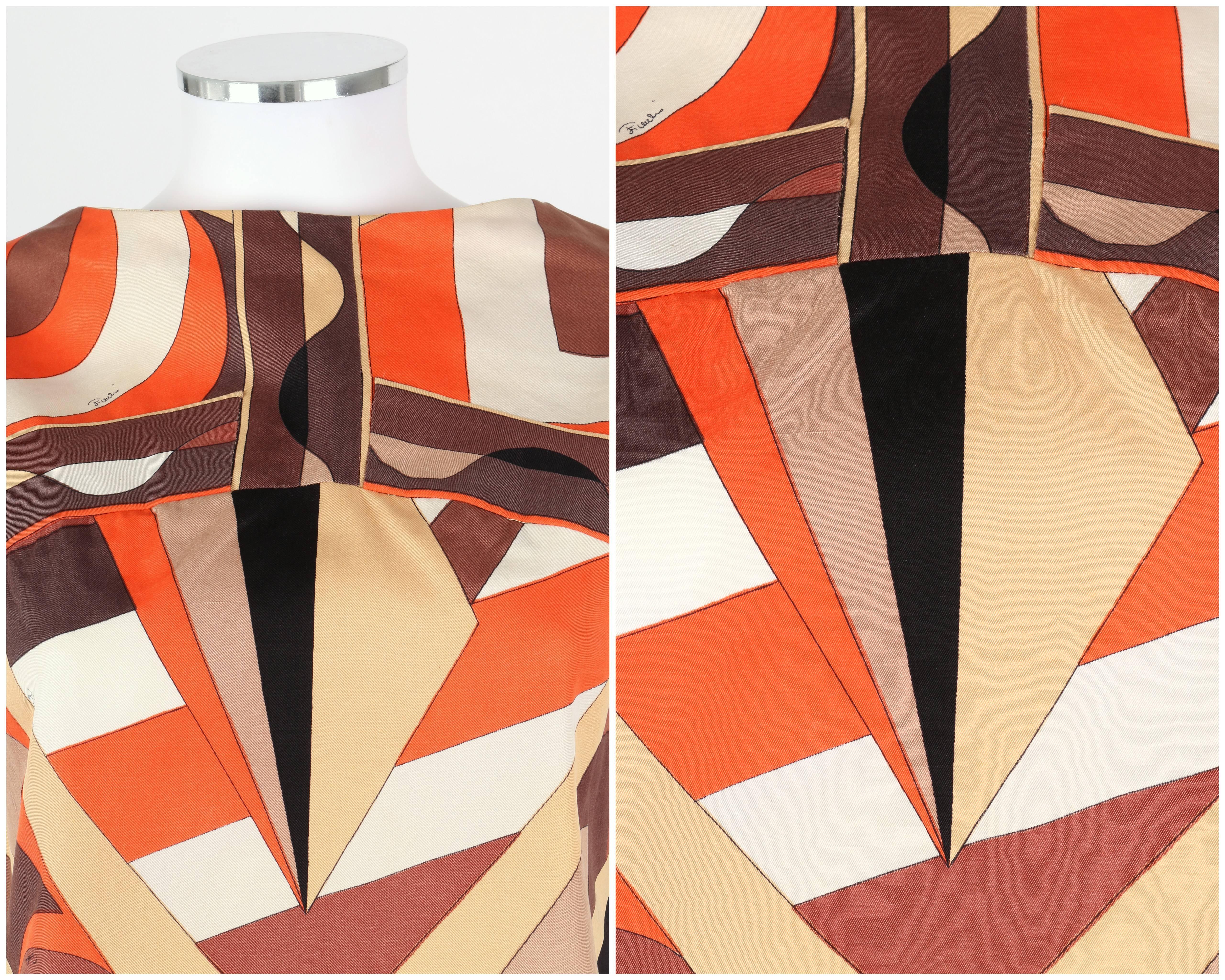 EMILIO PUCCI 1960s Brown Op Art Signature Print Short Sleeve Shift Dress Size 10 For Sale 1