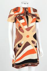 EMILIO PUCCI 1960s Brown Op Art Signature Print Short Sleeve Shift Dress Size 10