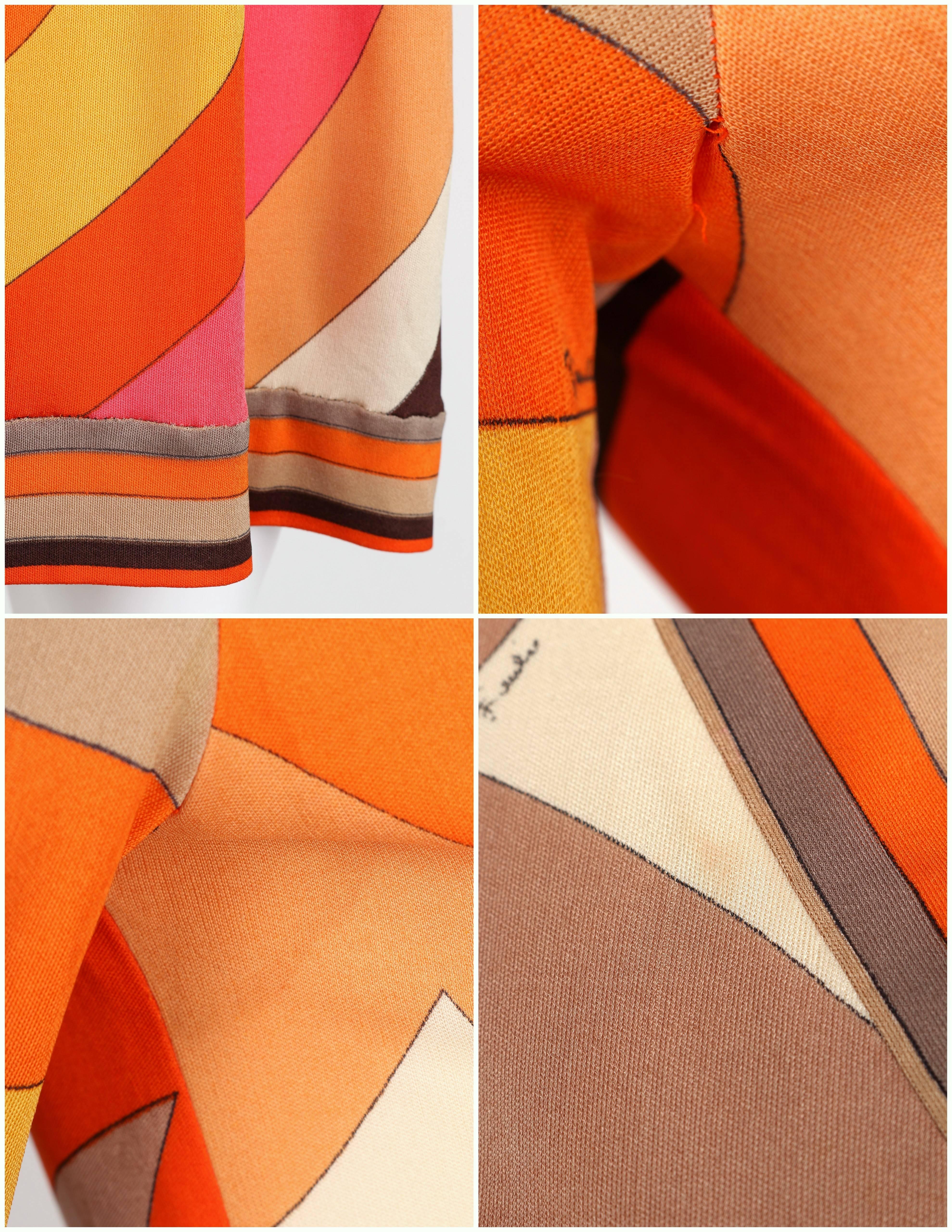 EMILIO PUCCI c.1960s Orange Abstract Signature Print Jersey V-Neck Dress Size 10 For Sale 3