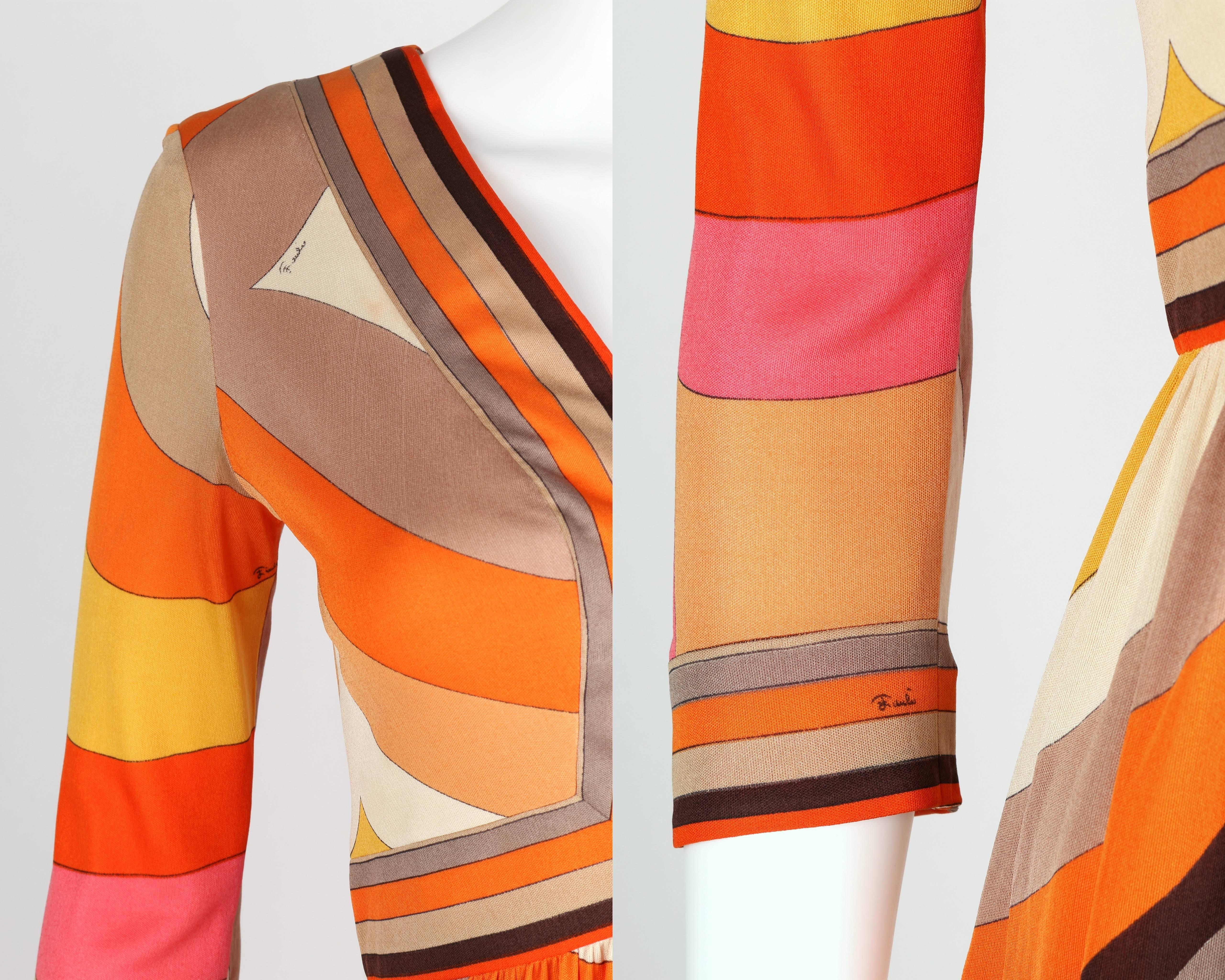 EMILIO PUCCI c.1960s Orange Abstract Signature Print Jersey V-Neck Dress Size 10 For Sale 1