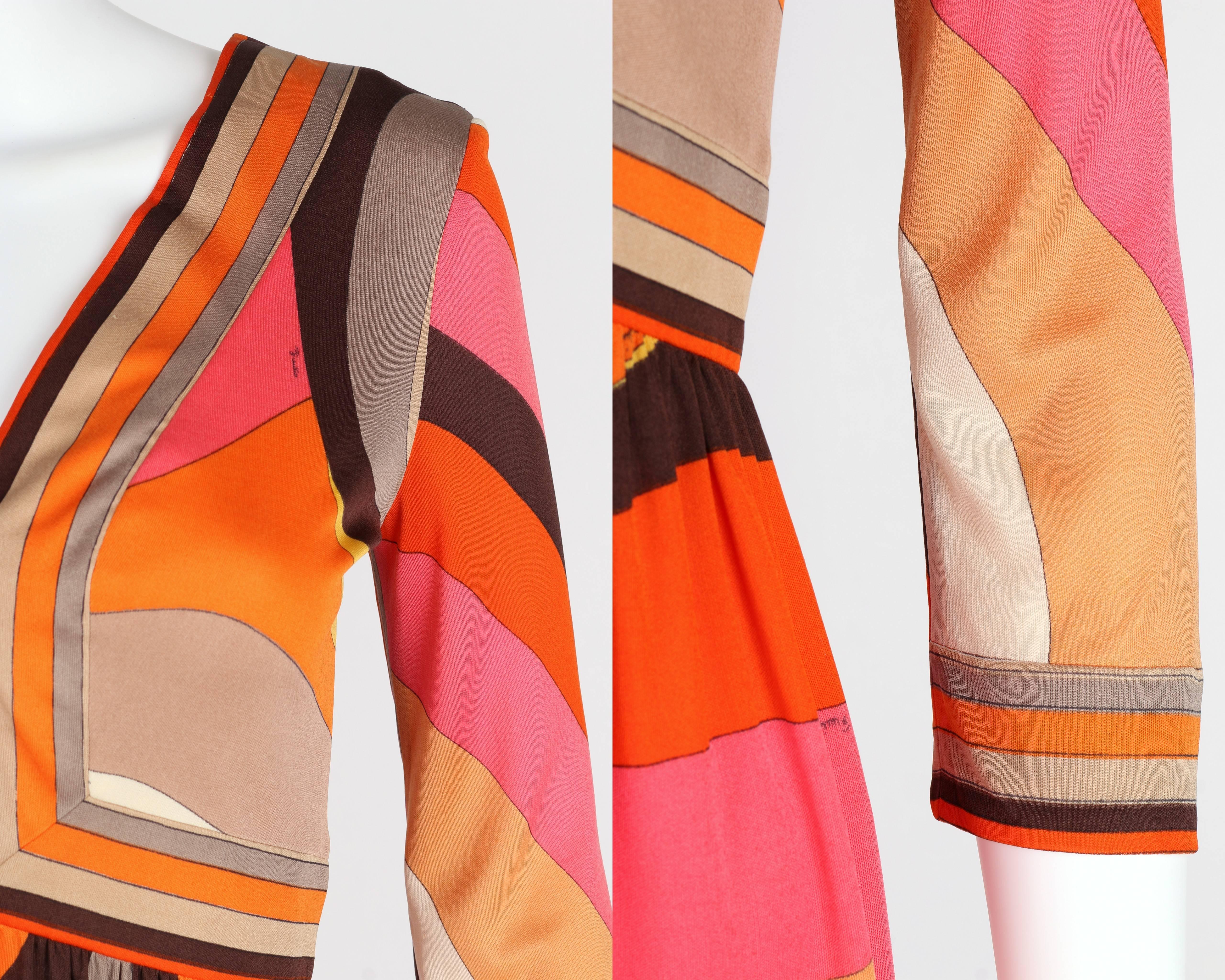 EMILIO PUCCI c.1960s Orange Abstract Signature Print Jersey V-Neck Dress Size 10 For Sale 2