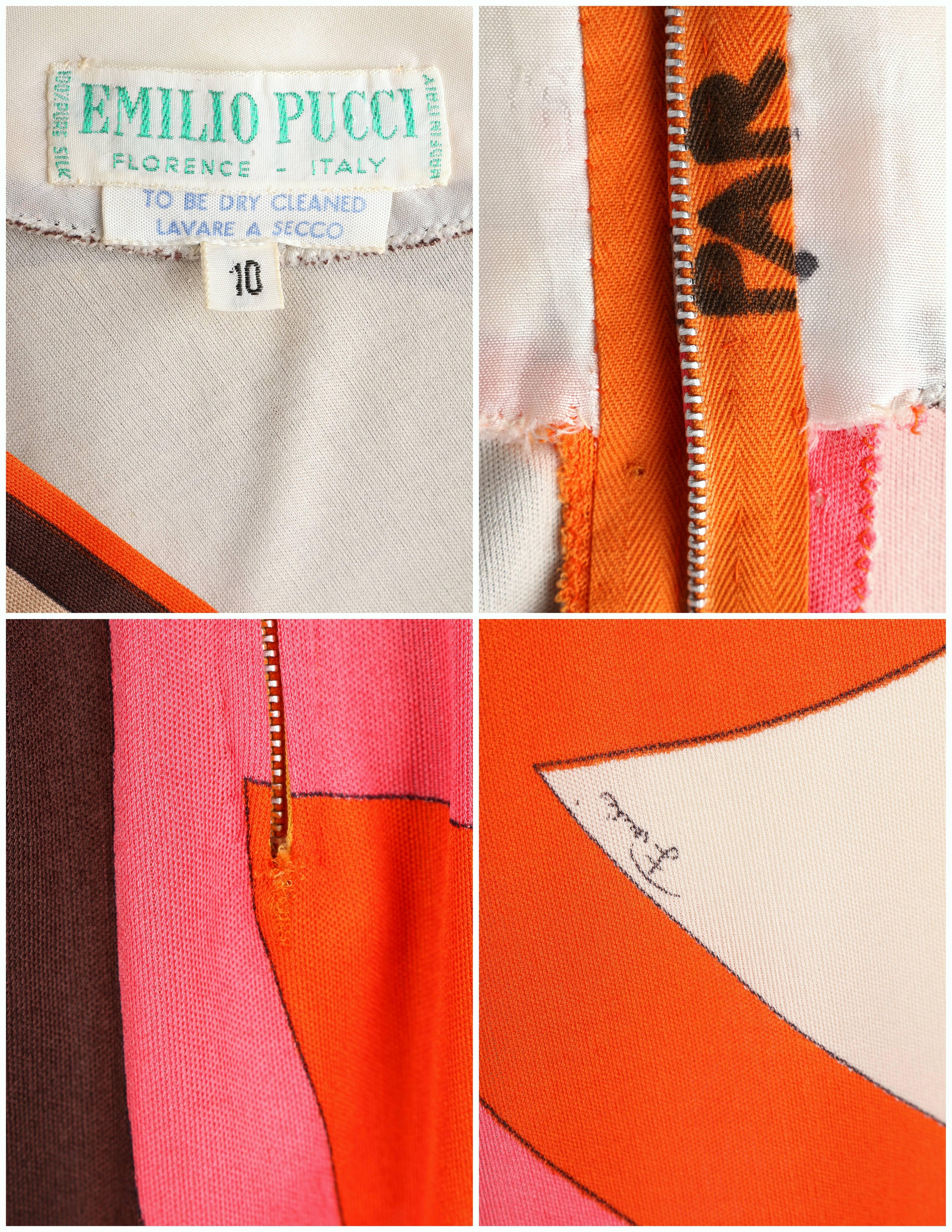 EMILIO PUCCI Robe en jersey orange à col en V et imprimé signature abstrait, années 1960, Taille 10 en vente 5