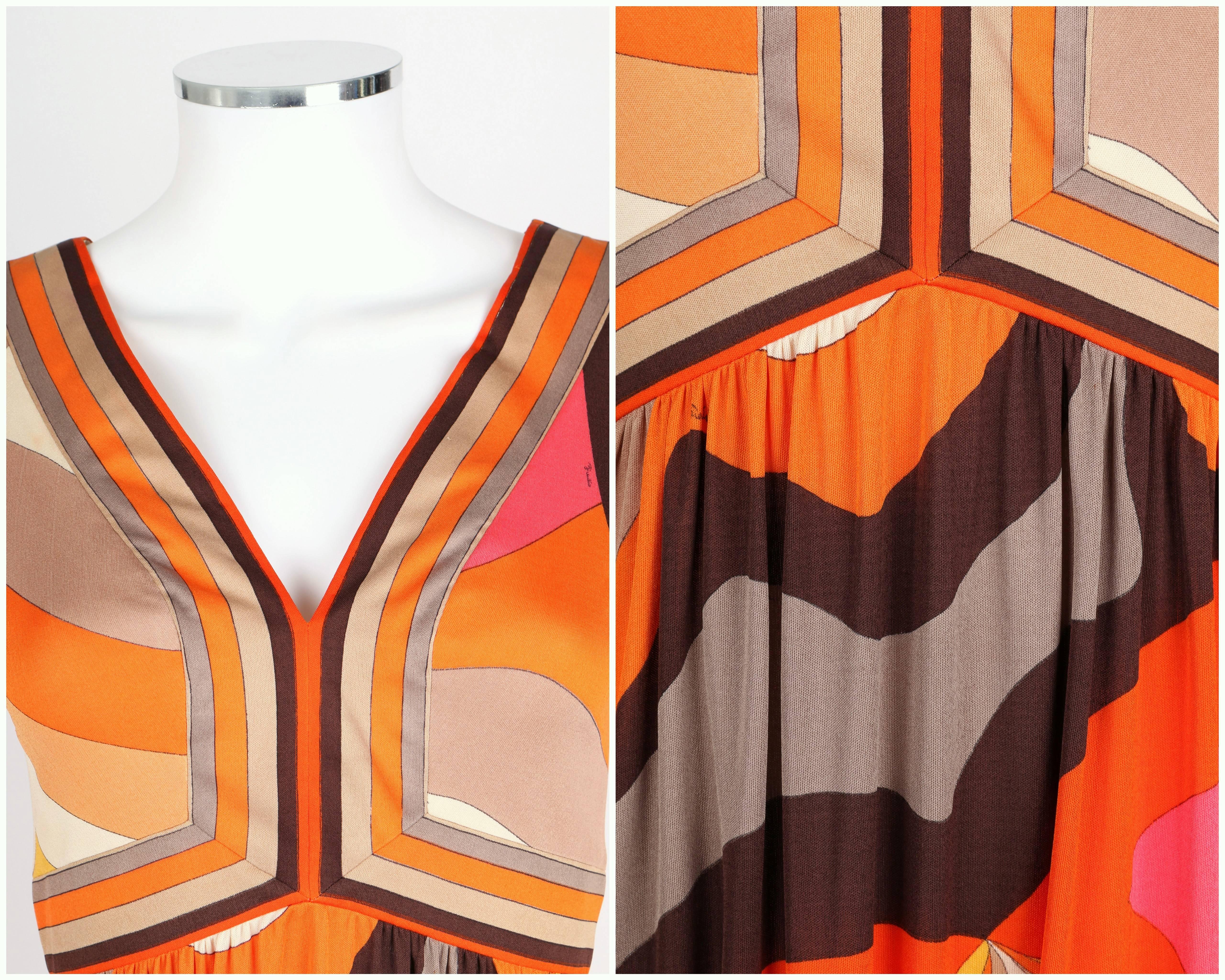 Women's EMILIO PUCCI c.1960s Orange Abstract Signature Print Jersey V-Neck Dress Size 10 For Sale