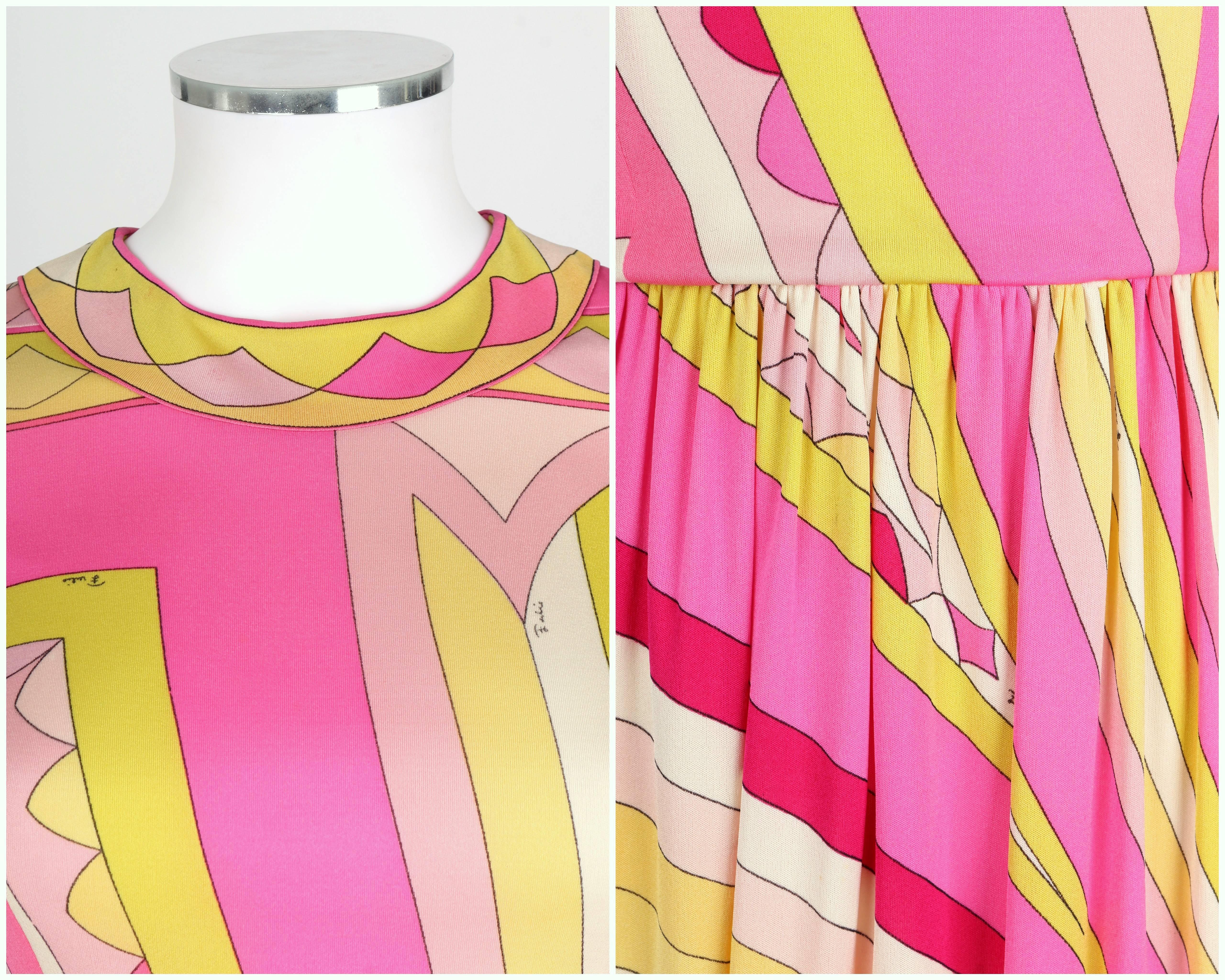 EMILIO PUCCI 1960s Pink Yellow Sunburst Signature Print Silk Jersey Dress Sz 10 For Sale 2