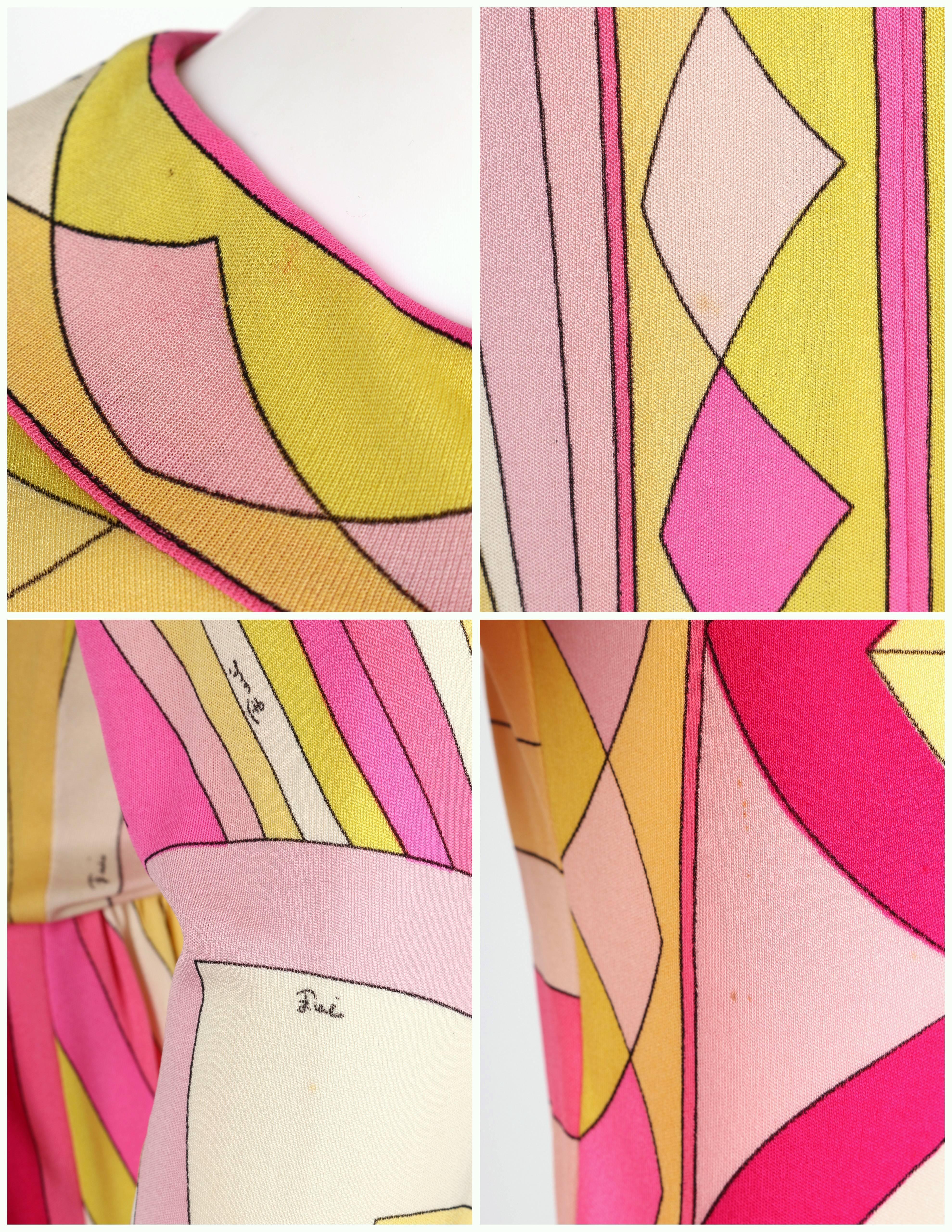 EMILIO PUCCI 1960er Rosa Gelbes Seidenjerseykleid mit Sonnenschliff und Signaturdruck Gr. 10 im Angebot 4