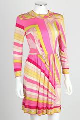 EMILIO PUCCI 1960s Pink Yellow Sunburst Signature Print Silk Jersey Dress Sz 10