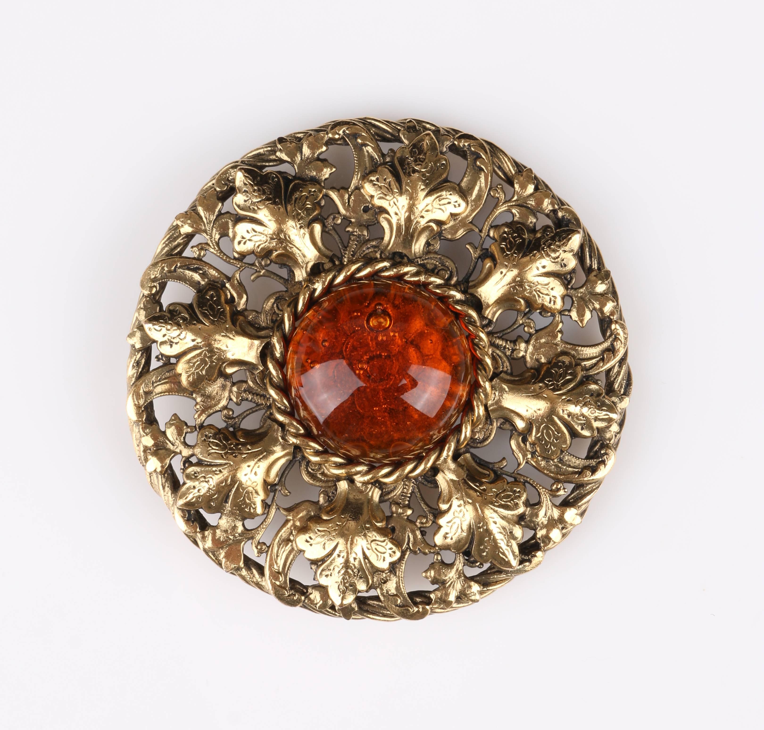 Women's 1995 Chanel Camelia Gripoix Amber Cabochon Gold Floral Brooch Pin Pendant