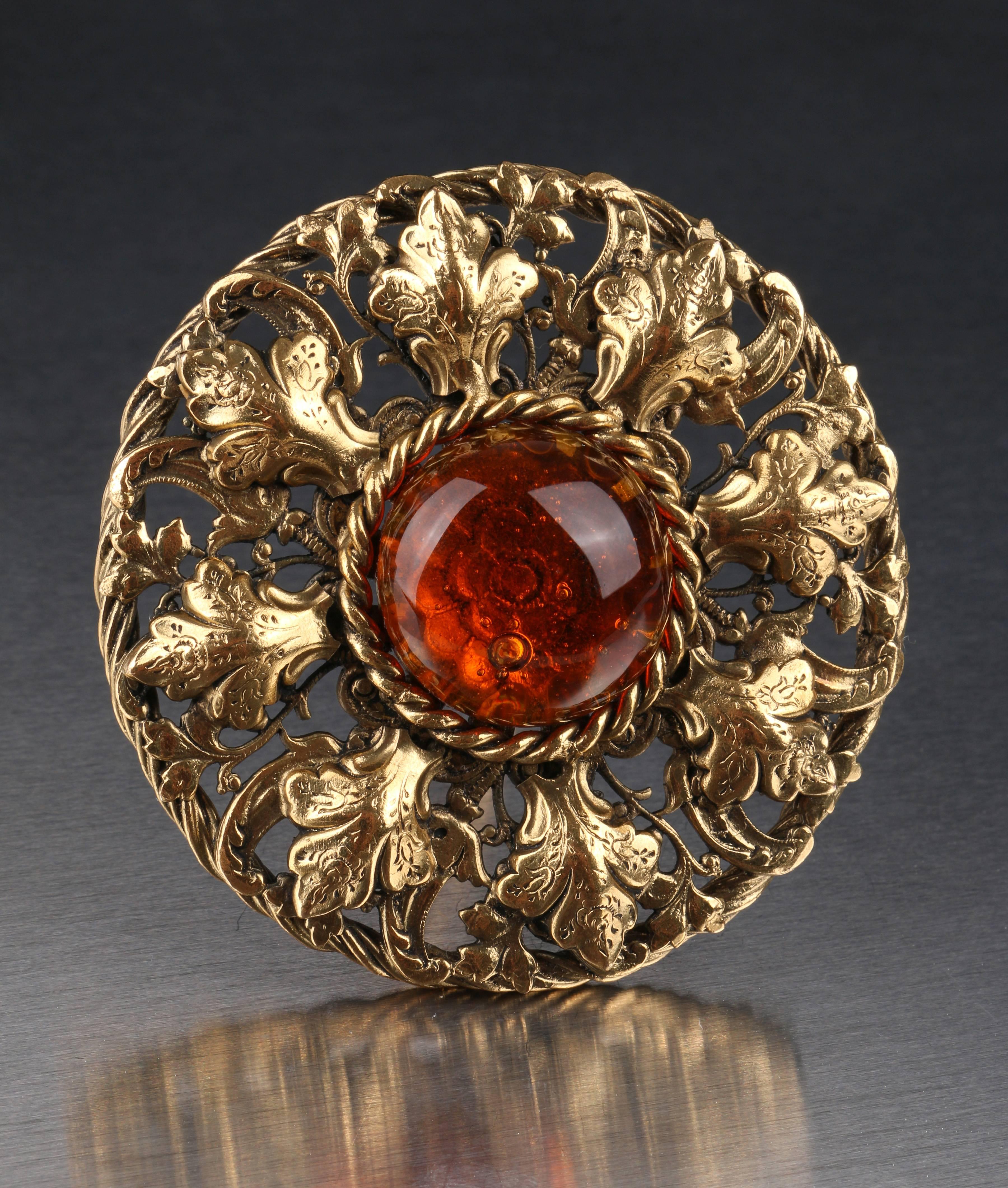 1995 Chanel Camelia Gripoix Amber Cabochon Gold Floral Brooch Pin Pendant In Excellent Condition In Thiensville, WI