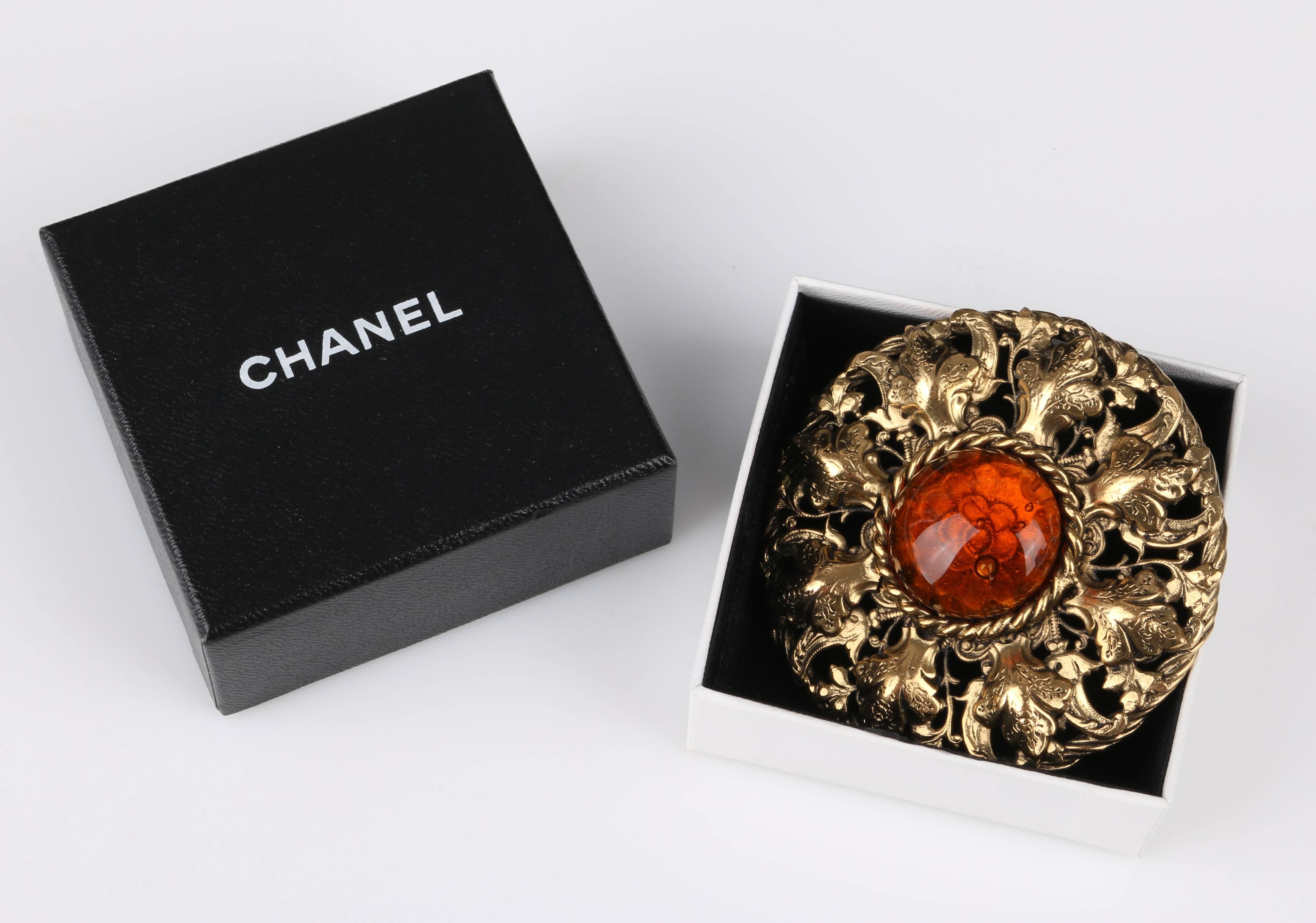 1995 Chanel Camelia Gripoix Amber Cabochon Gold Floral Brooch Pin Pendant 1
