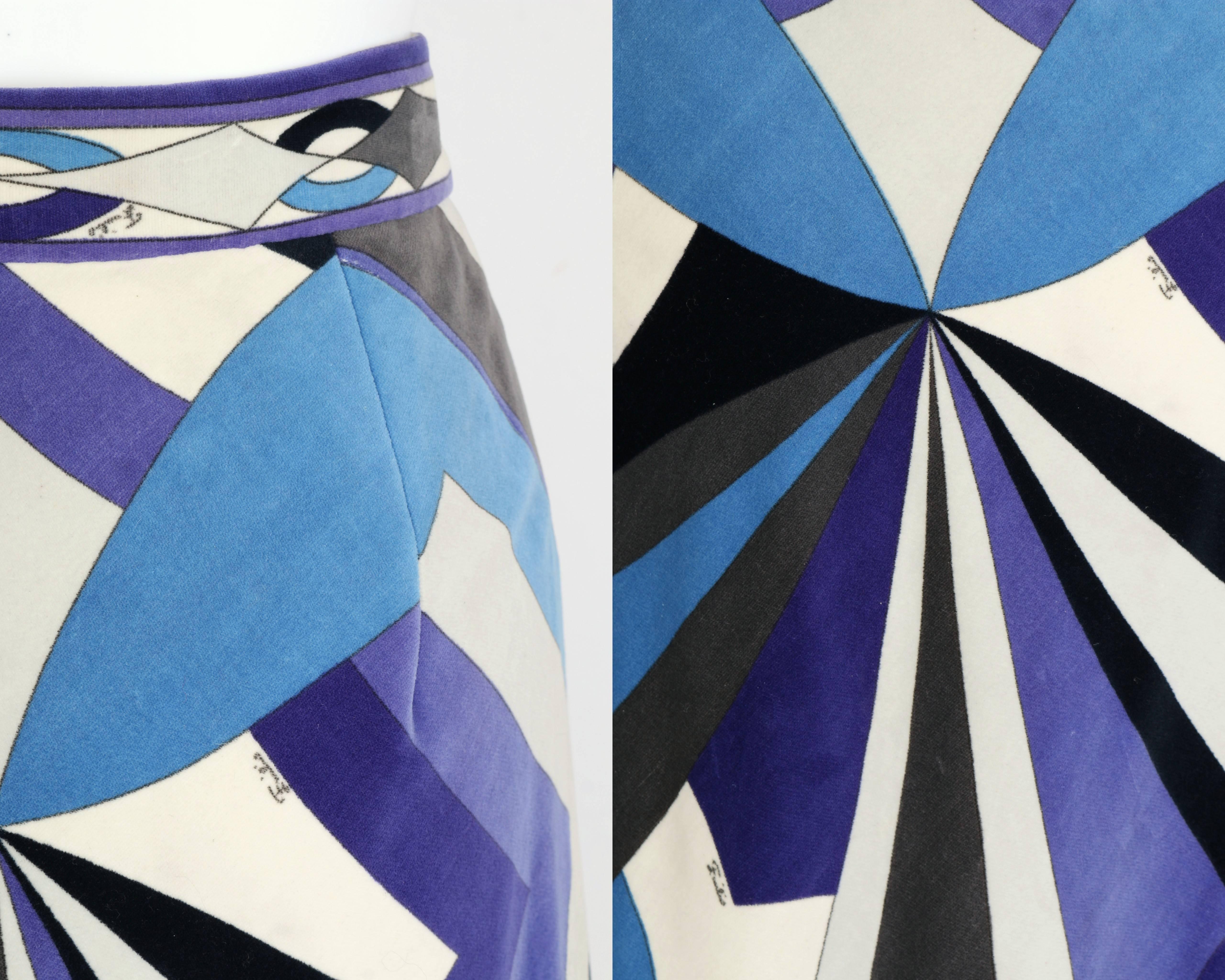 Women's EMILIO PUCCI 1960s Blue Purple Signature Print Velvet Scarf Hem Maxi Skirt Sz 14 For Sale