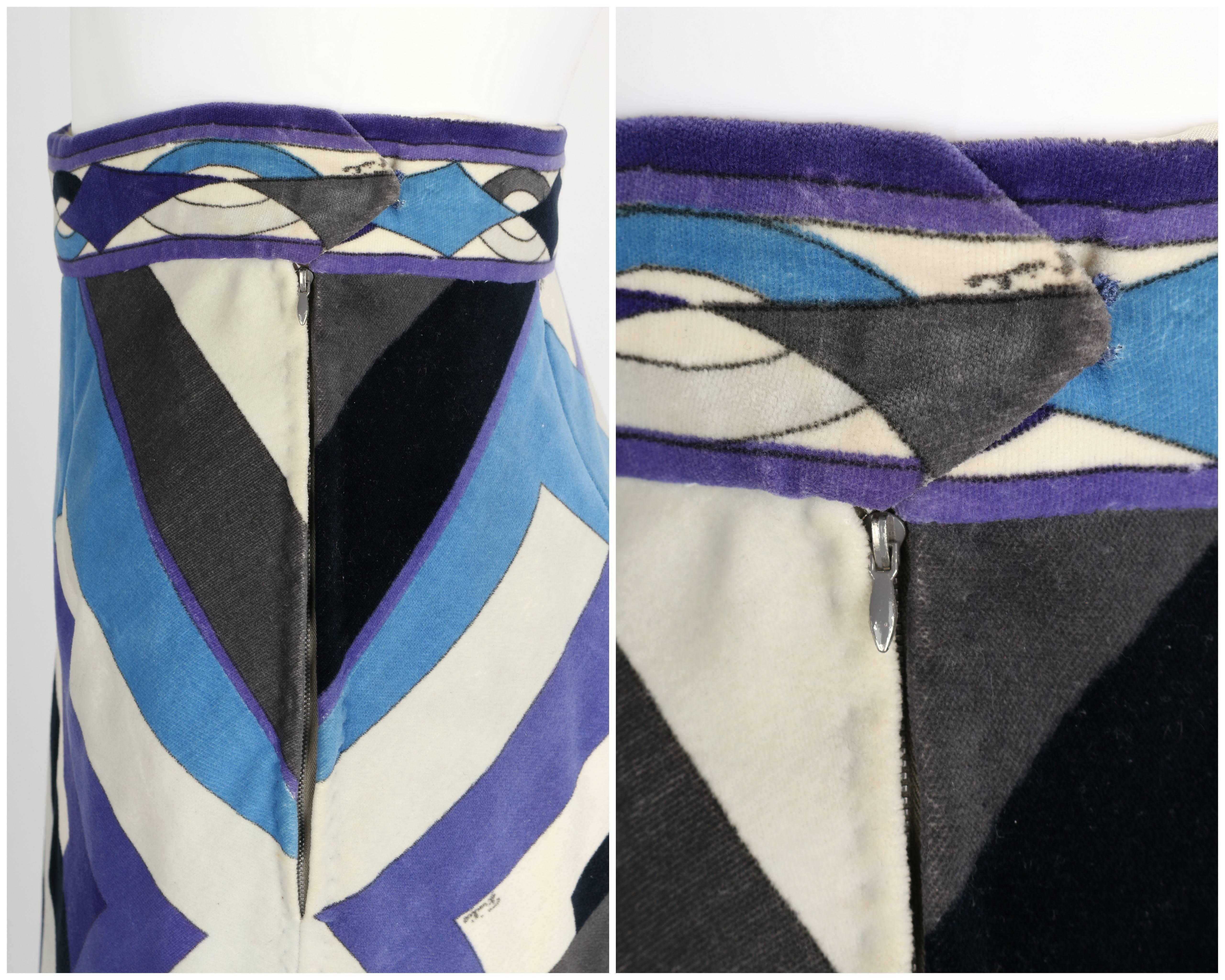 EMILIO PUCCI 1960s Blue Purple Signature Print Velvet Scarf Hem Maxi Skirt Sz 14 For Sale 1