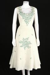 MILTON SAUNDERS 1950s White Linen Rhinestone Embellsihed Leaves Party Dress