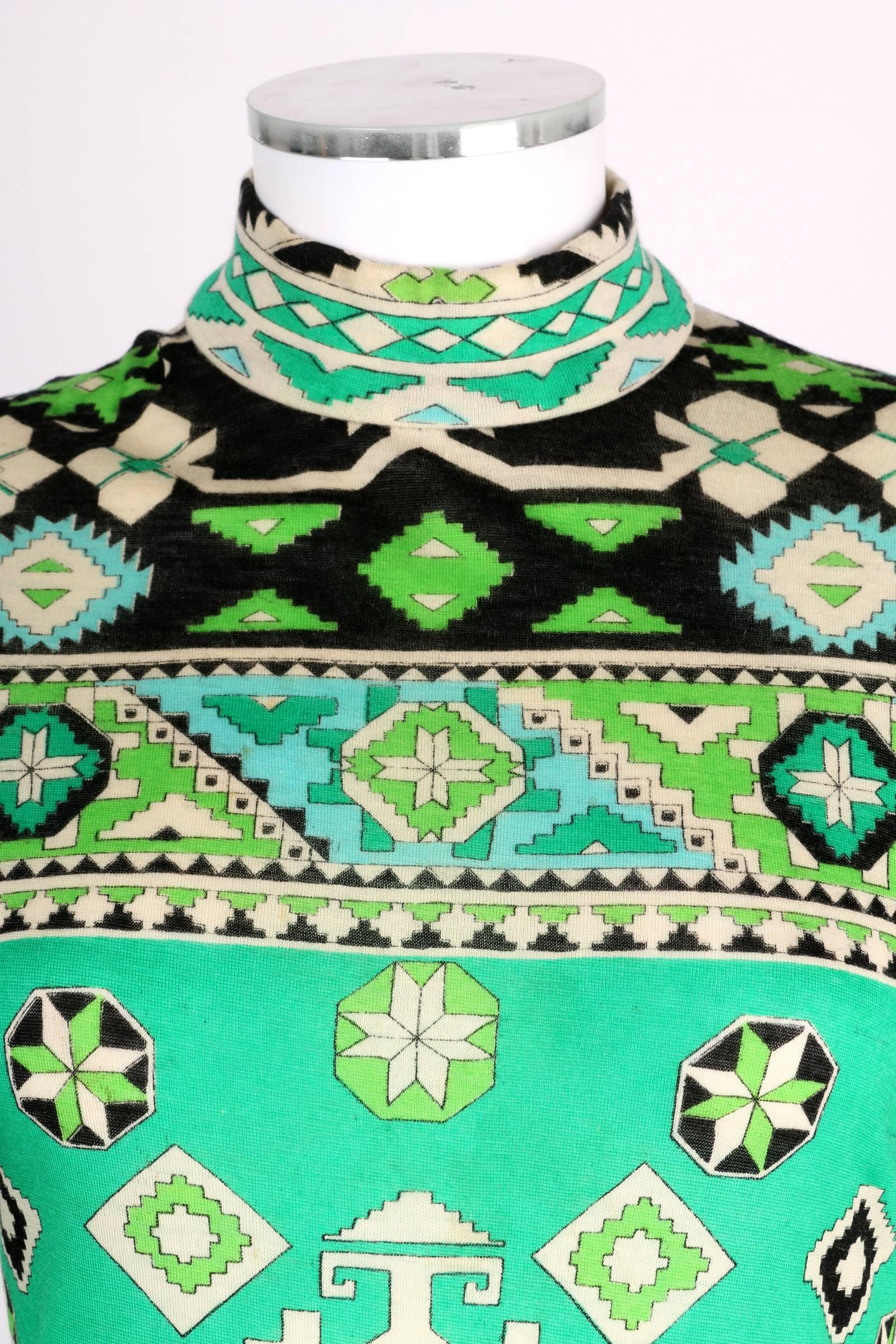 LEONARD PARIS 1960s Jade Green Tribal Floral Print Cashmere Jersey Knit Dress 2