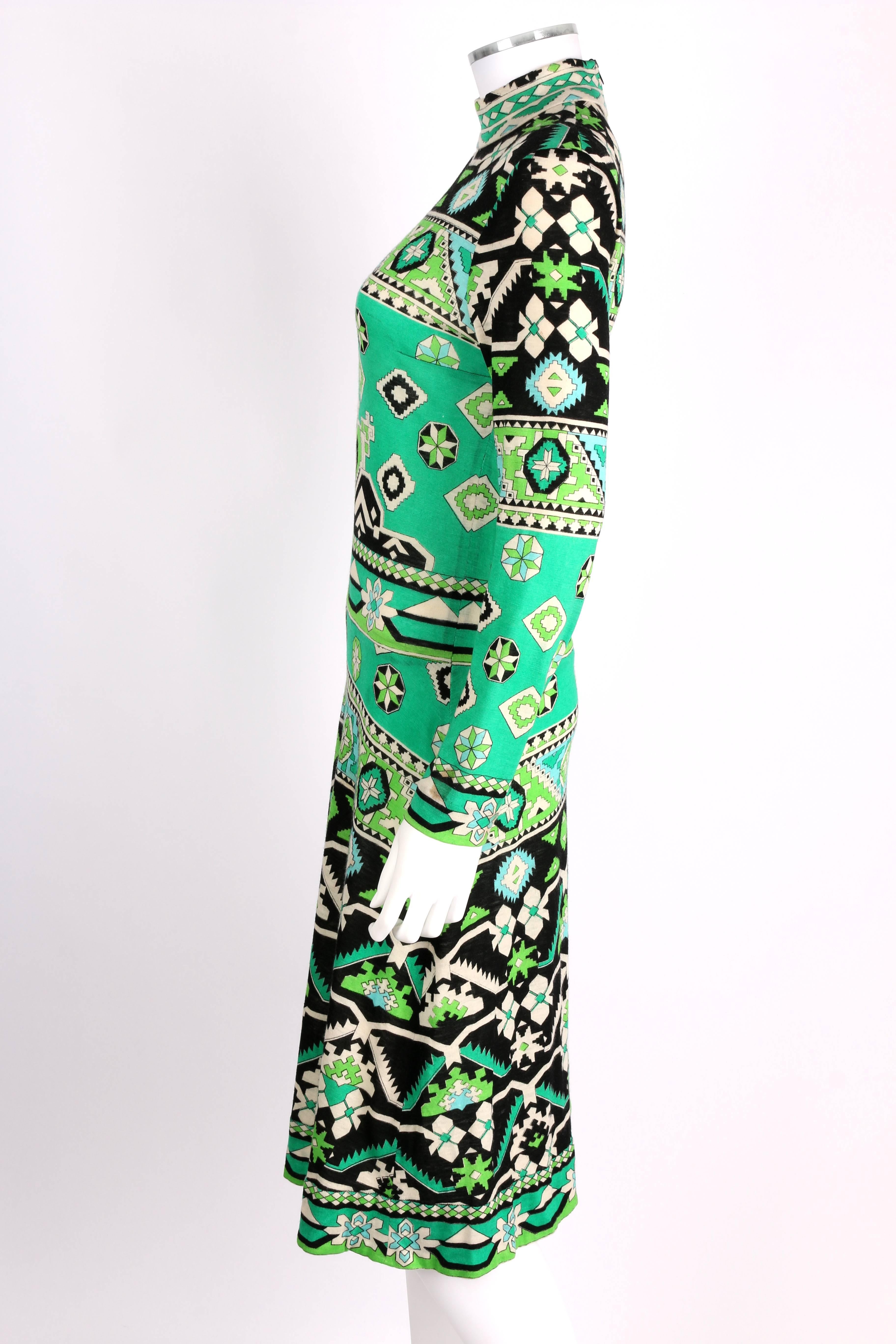 LEONARD PARIS 1960s Jade Green Tribal Floral Print Cashmere Jersey Knit Dress 1