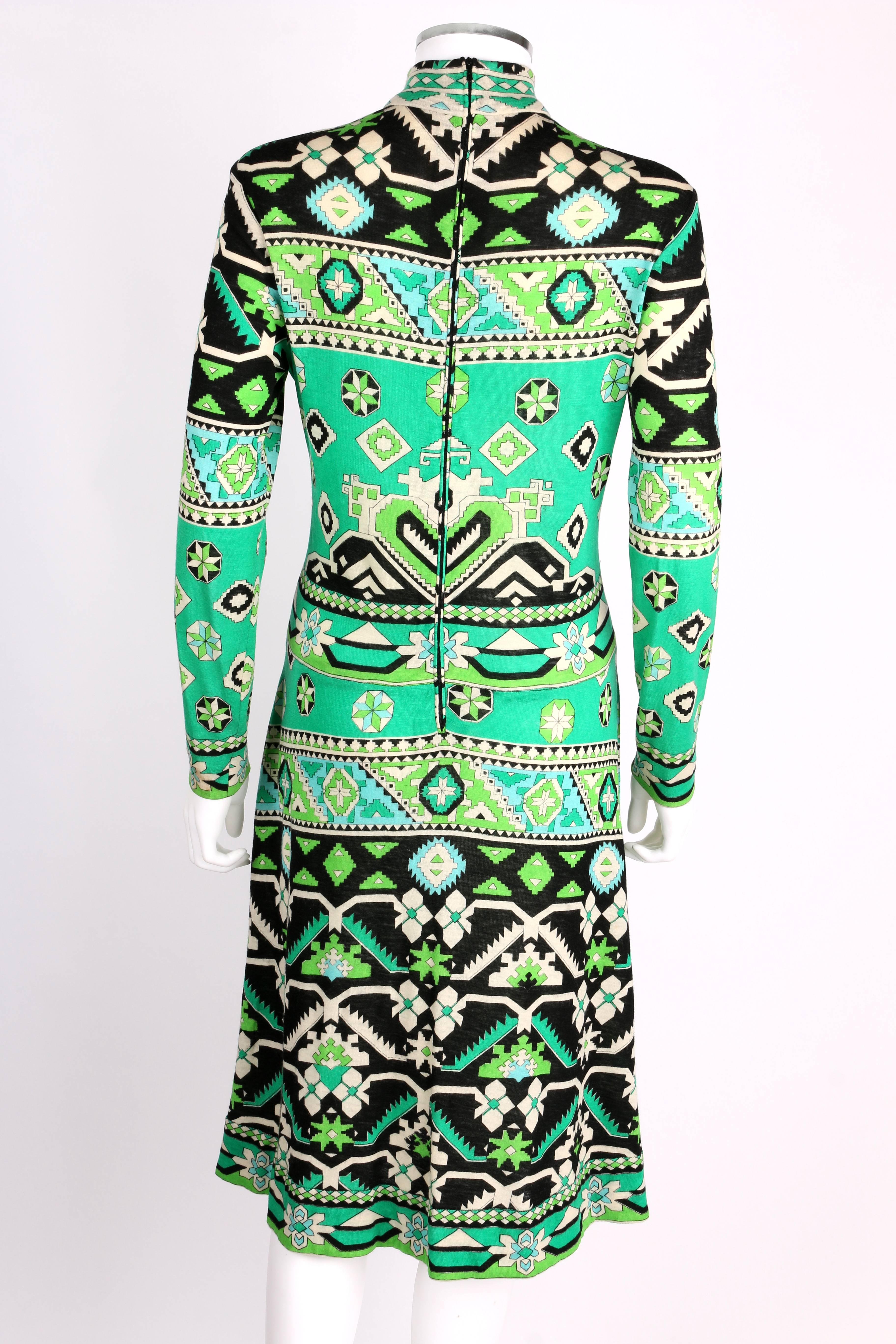 Women's LEONARD PARIS 1960s Jade Green Tribal Floral Print Cashmere Jersey Knit Dress