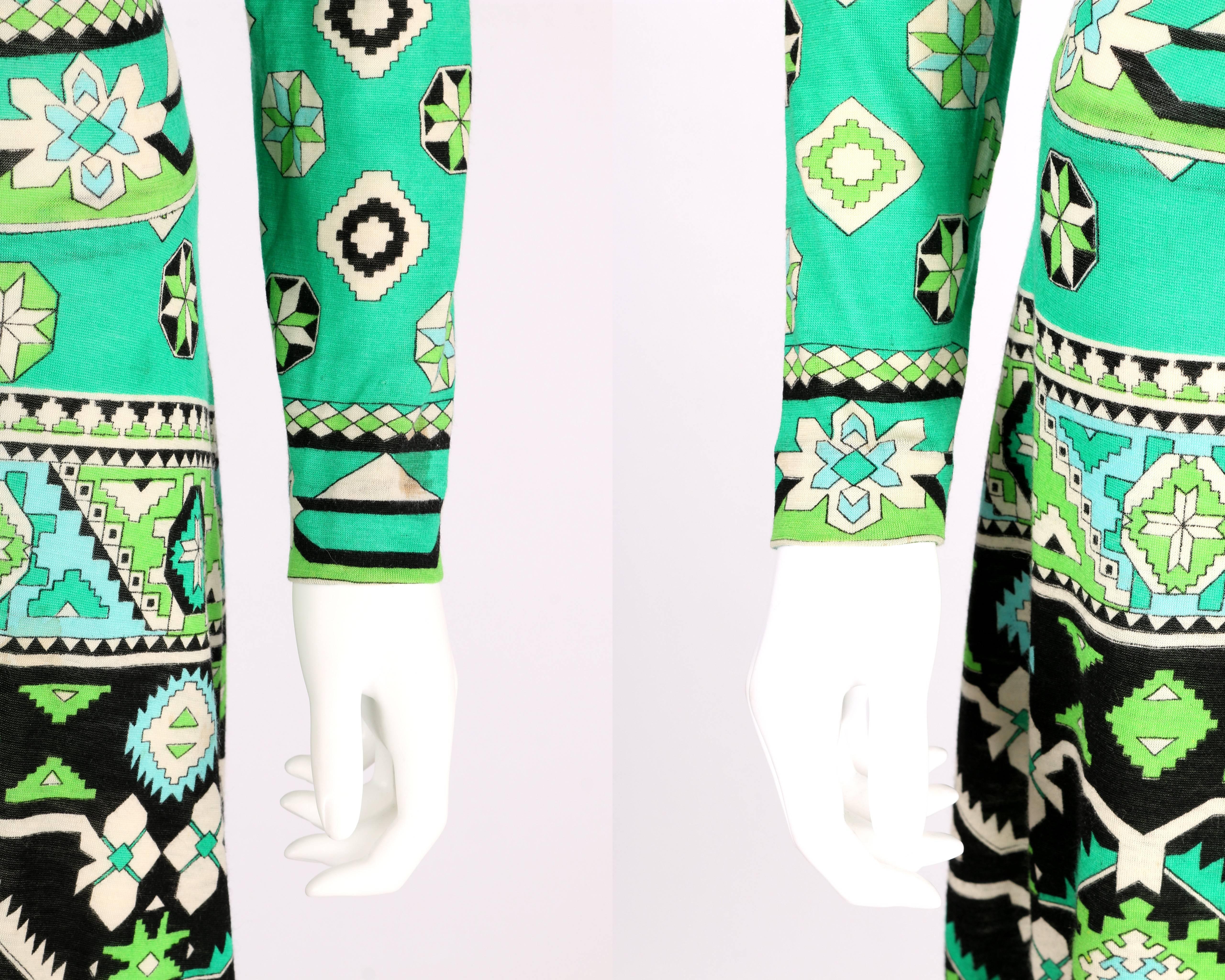 LEONARD PARIS 1960s Jade Green Tribal Floral Print Cashmere Jersey Knit Dress 4