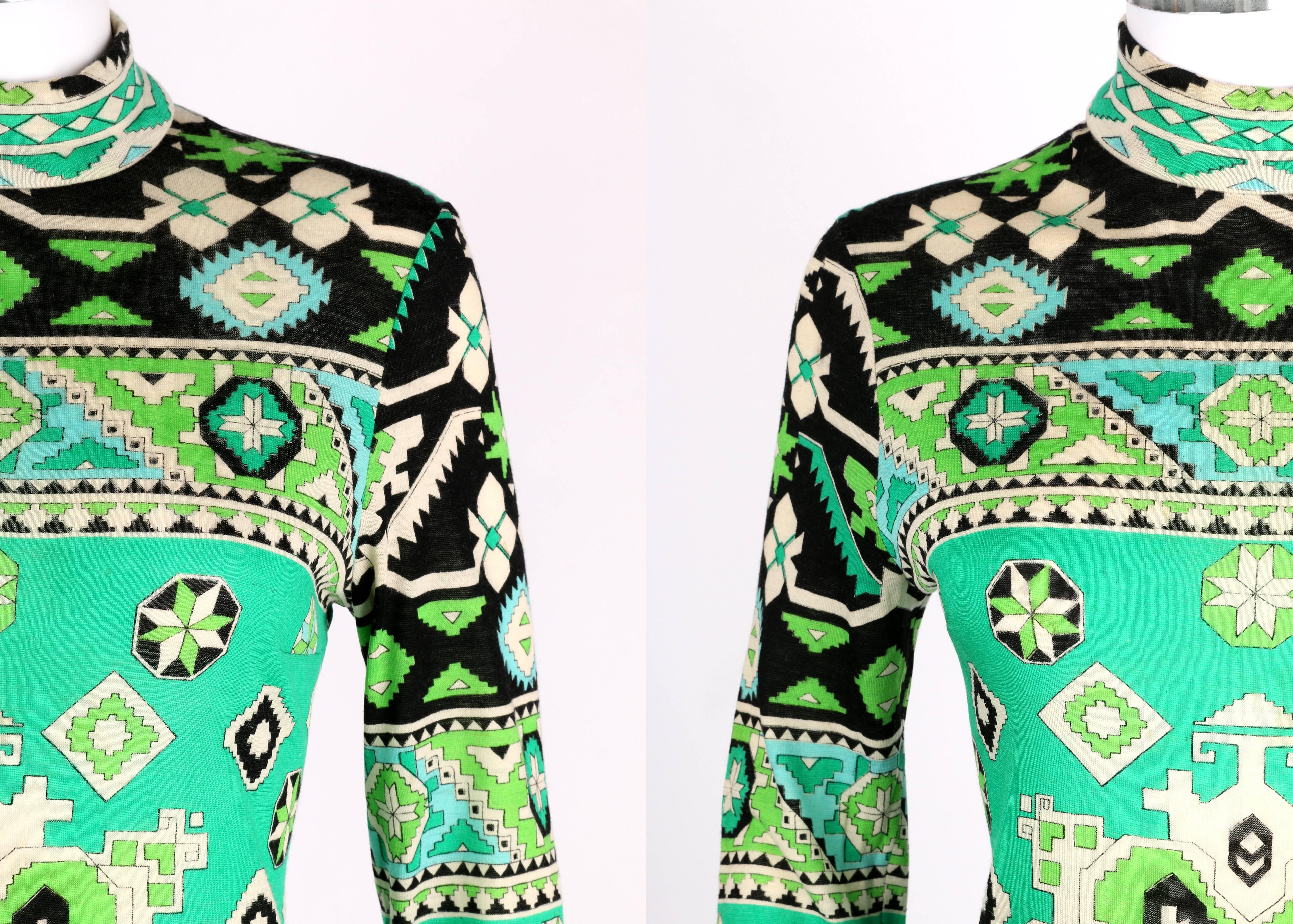 LEONARD PARIS 1960s Jade Green Tribal Floral Print Cashmere Jersey Knit Dress 3