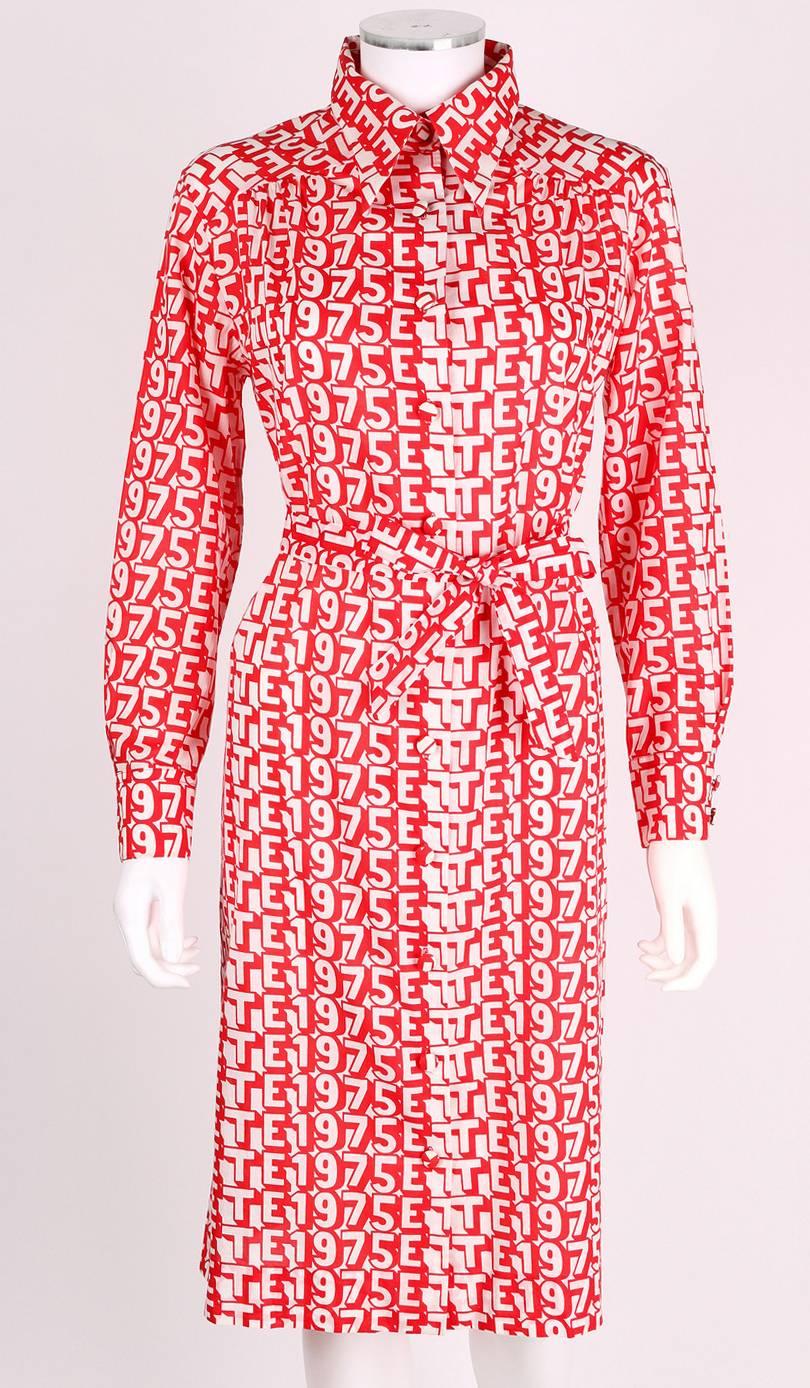 Vintage Spring-Summer 1975 Lanvin for Bonwit Teller red and white print cotton shirt dress. Material printed with 