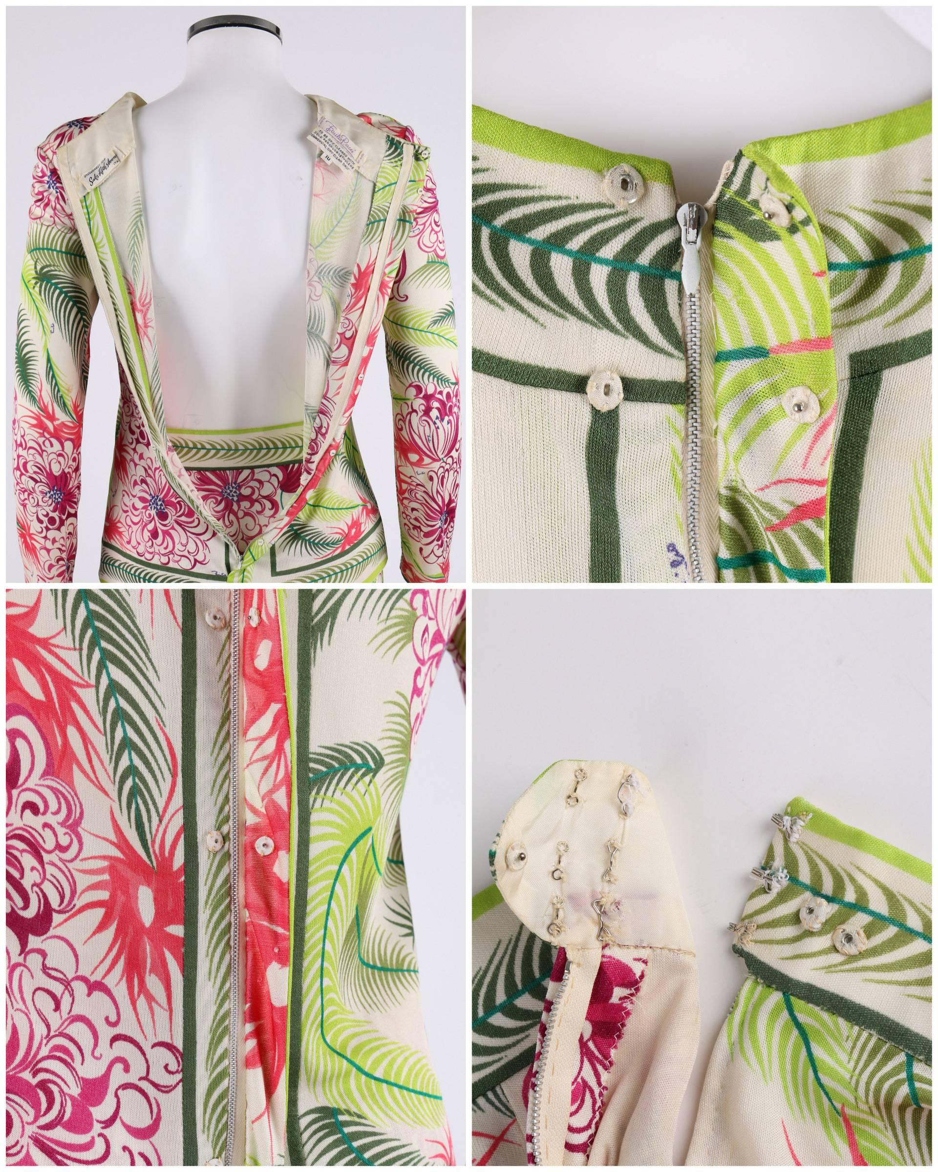 EMILIO PUCCI 1960s 2pc Multicolor Floral Fern Silk Blouse Skirt Dress Set Size 1 2