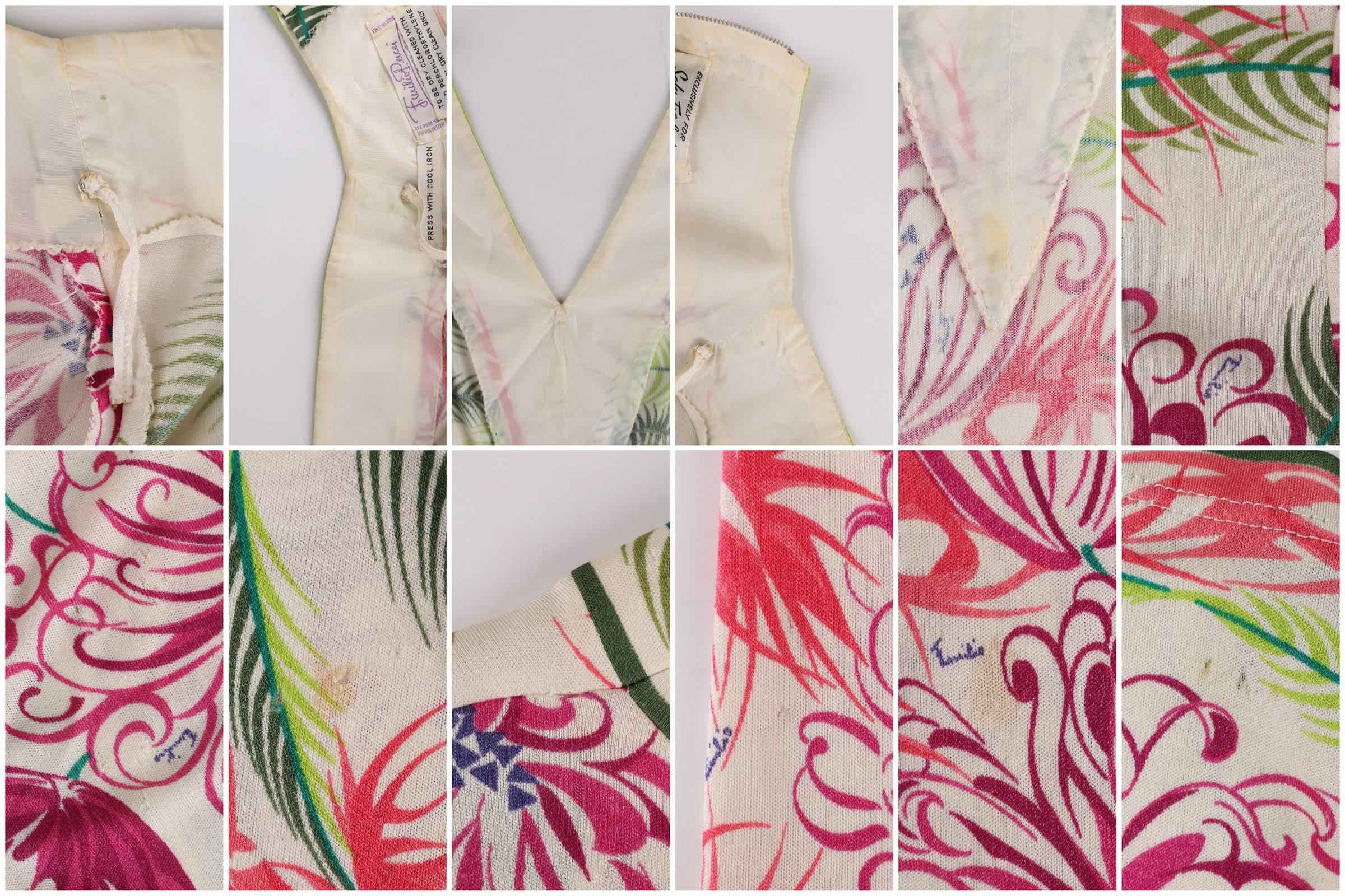 EMILIO PUCCI 1960s 2pc Multicolor Floral Fern Silk Blouse Skirt Dress Set Size 1 3
