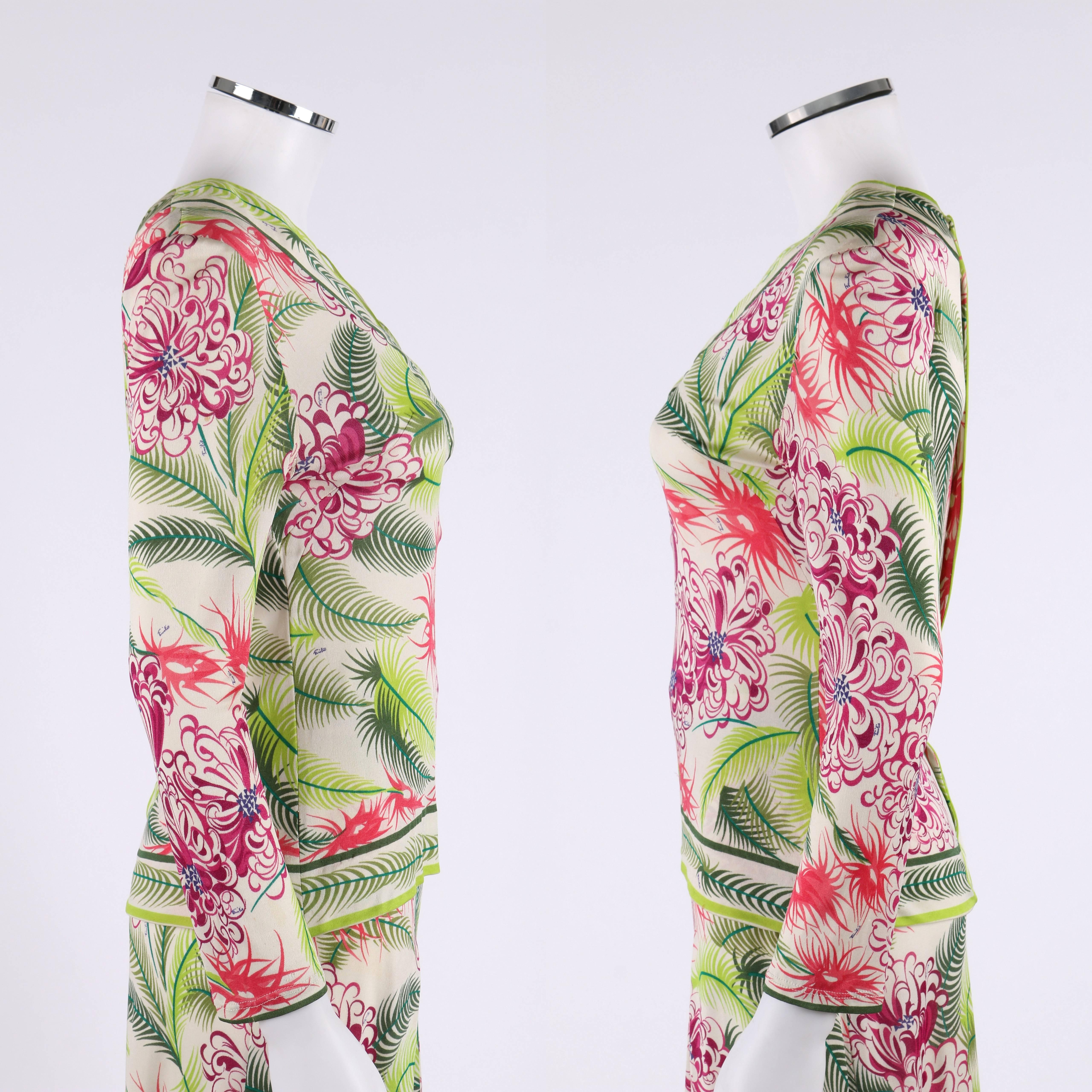 Beige EMILIO PUCCI 1960s 2pc Multicolor Floral Fern Silk Blouse Skirt Dress Set Size 1