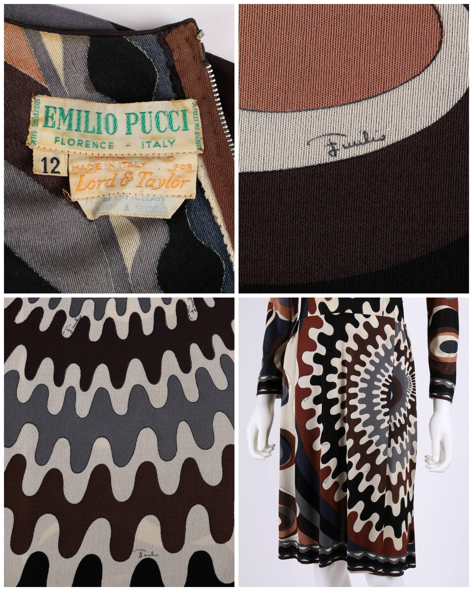 EMILIO PUCCI 1960s Multicolor Silk Long Sleeve Brown Mod Print Dress Size 12 3