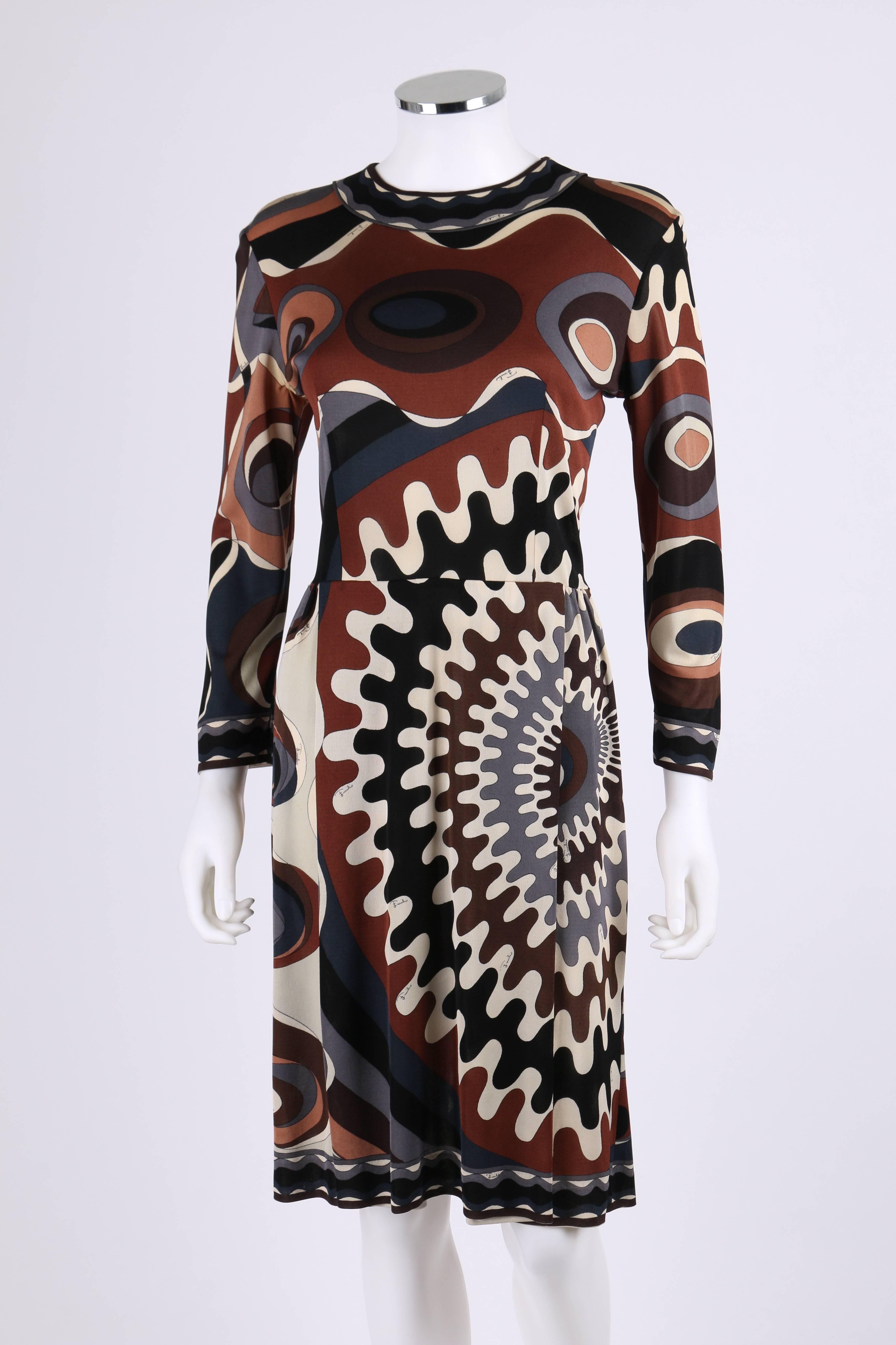 EMILIO PUCCI 1960s Multicolor Silk Long Sleeve Brown Mod Print Dress Size 12 In Good Condition In Thiensville, WI