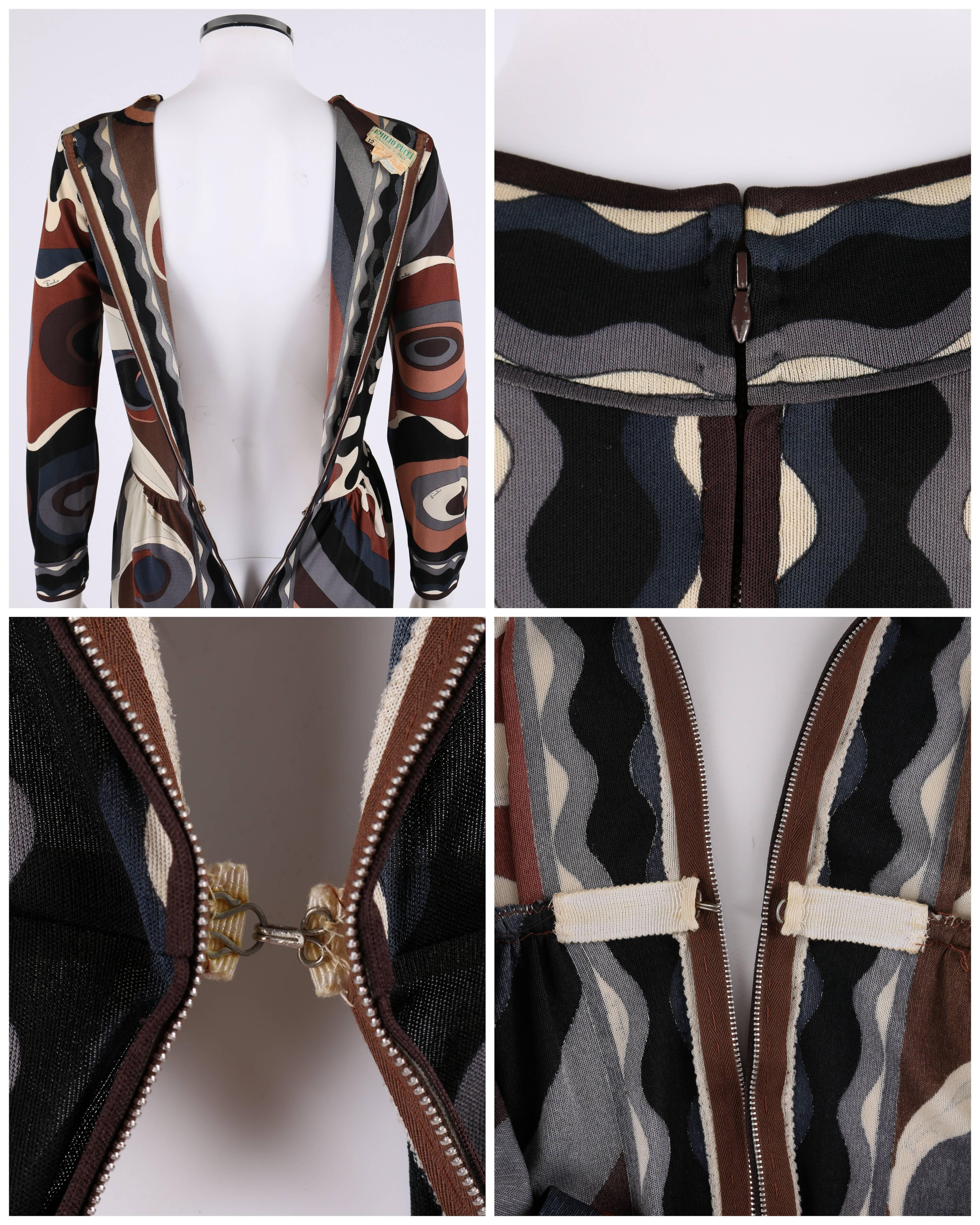 Women's EMILIO PUCCI 1960s Multicolor Silk Long Sleeve Brown Mod Print Dress Size 12