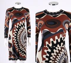 EMILIO PUCCI 1960s Multicolor Silk Long Sleeve Brown Mod Print Dress Size 12