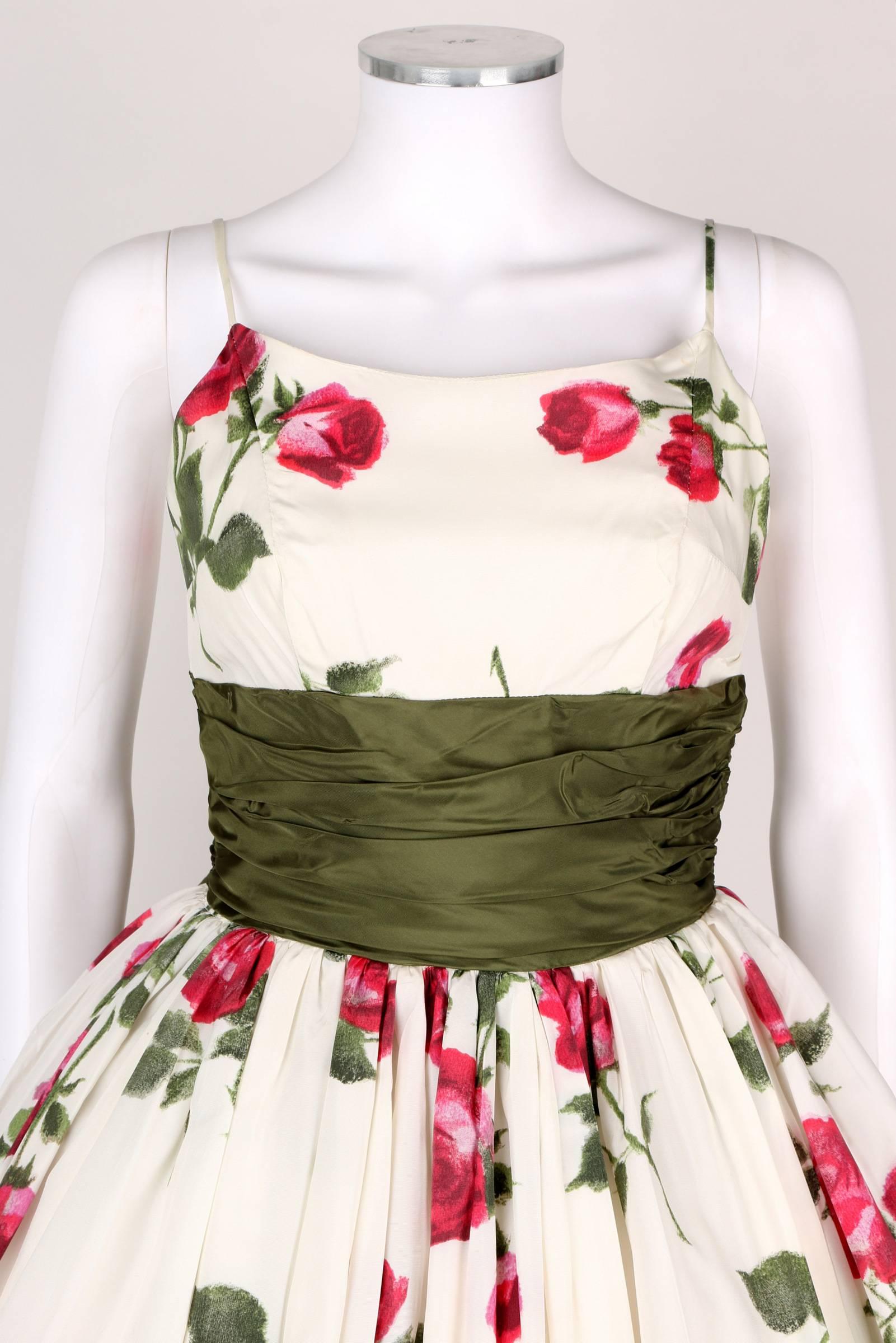Beige 1950s Rose Garden White Floral Classic Green Taffeta Bow Tea Length Party Dress