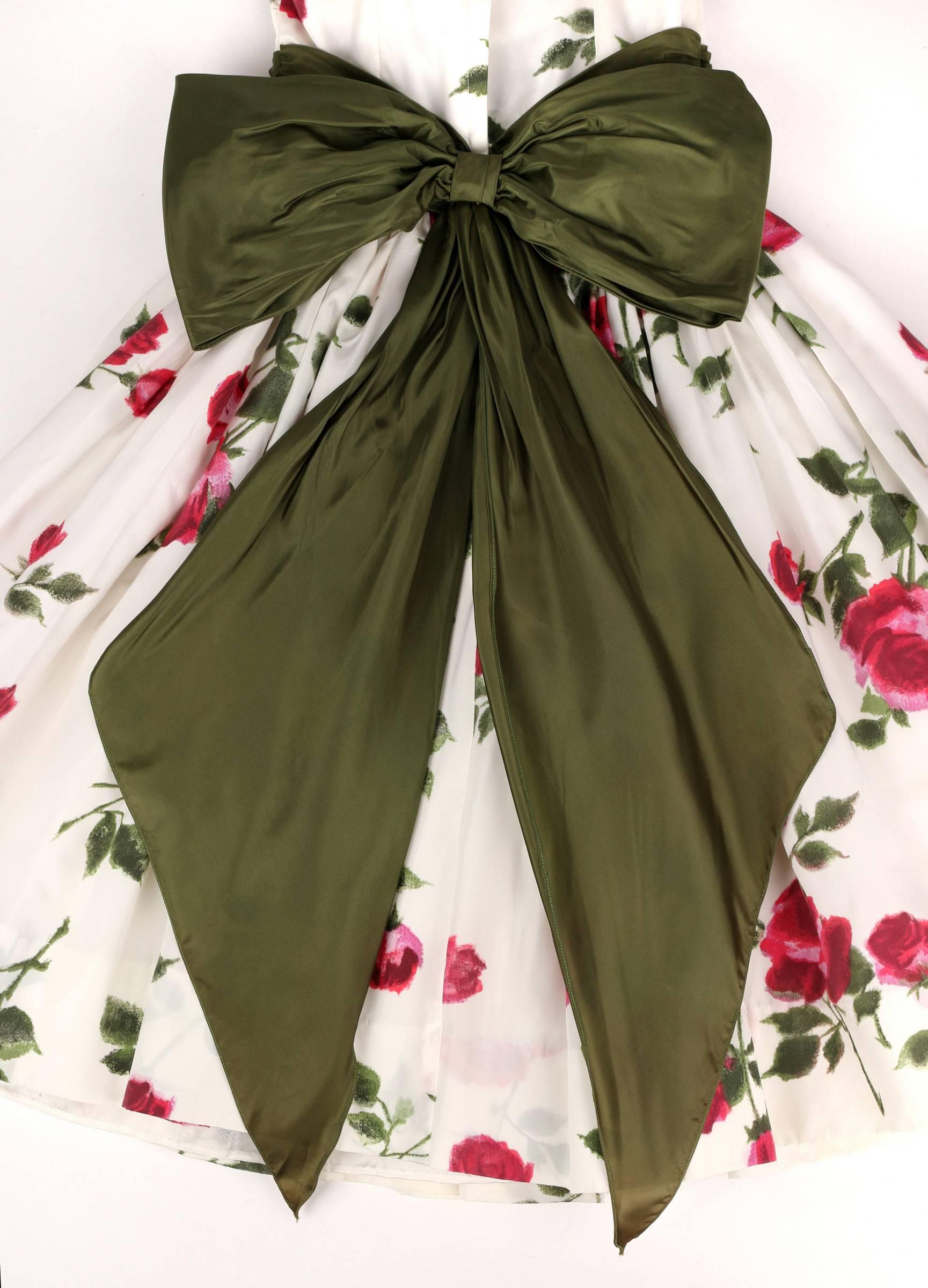Women's 1950s Rose Garden White Floral Classic Green Taffeta Bow Tea Length Party Dress