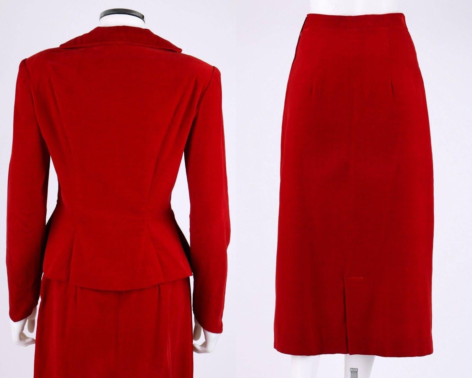 Women's 1940s COUTURE Red Velvet Trapunto Quilted Detail Jacket Skirt Suit Set