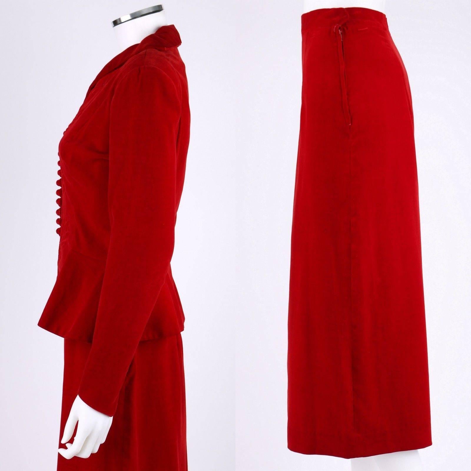 1940s COUTURE Red Velvet Trapunto Quilted Detail Jacket Skirt Suit Set 1